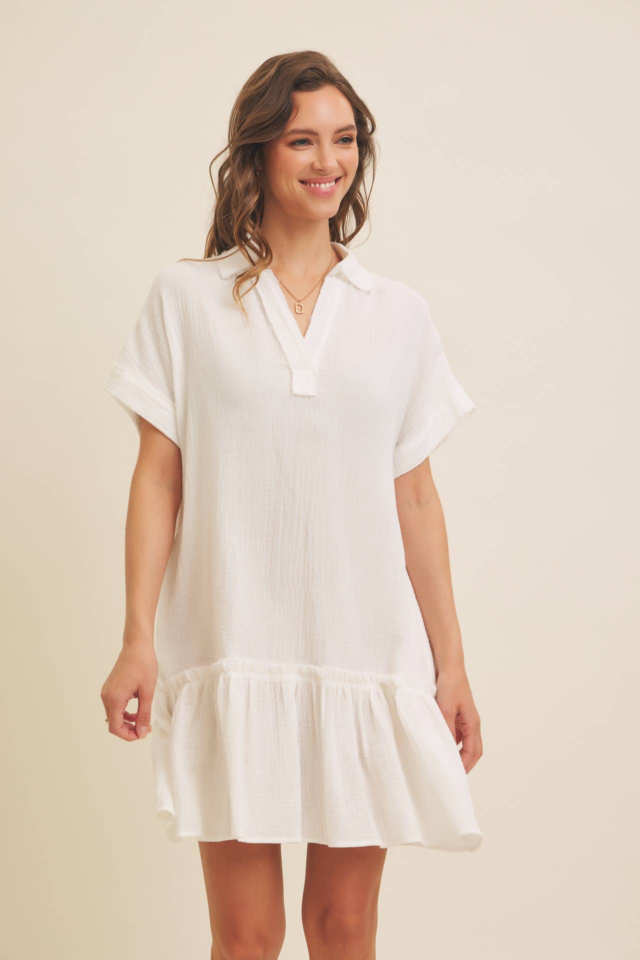 CRINKLED COTTON GAUZE RELAXED FIT MINI DRESS WITH RUFFLE HEM