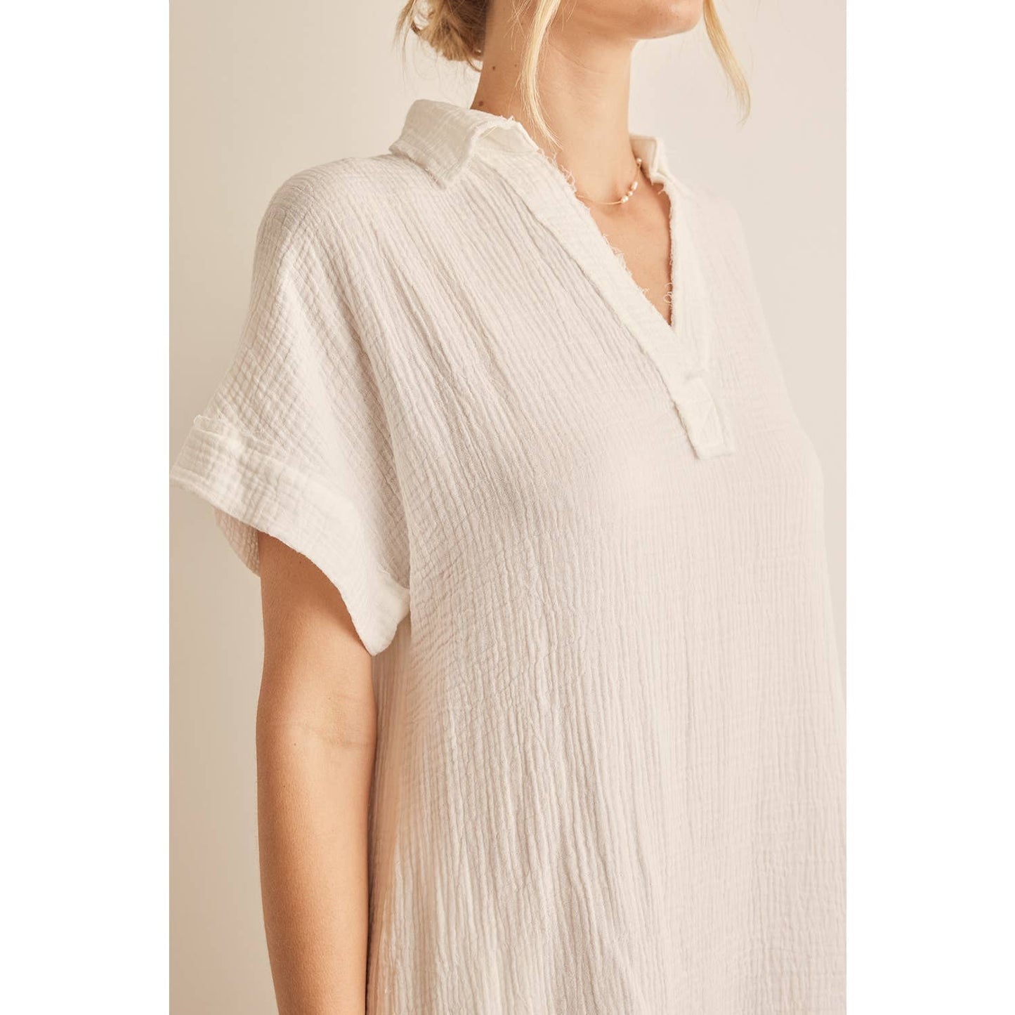 CRINKLED COTTON GAUZE RELAXED FIT MINI DRESS WITH RUFFLE HEM