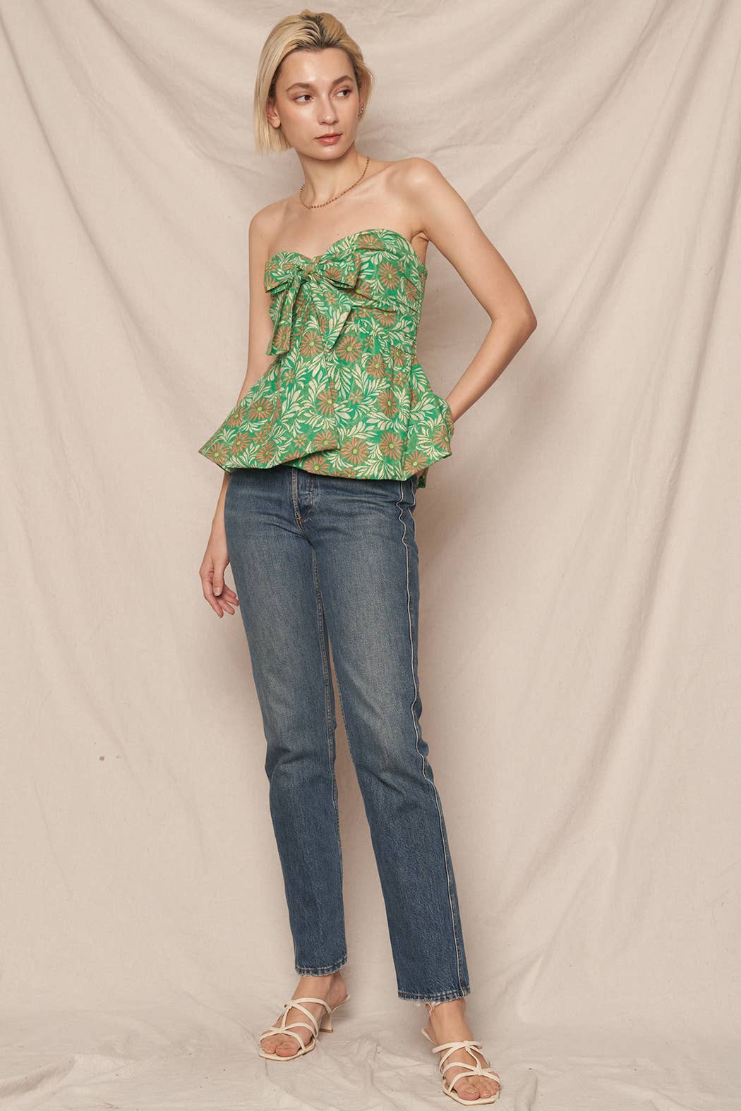 Floral Print Ribbon Bubble Hem Tube Top with Lurex