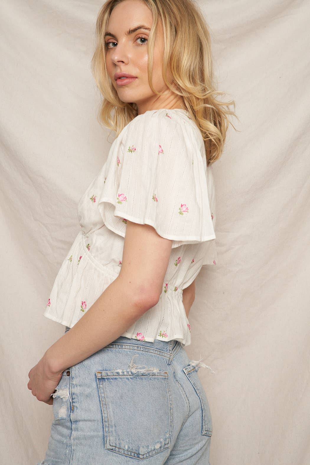 Floral Embroidery Flutter Sleeve V-Neck Top