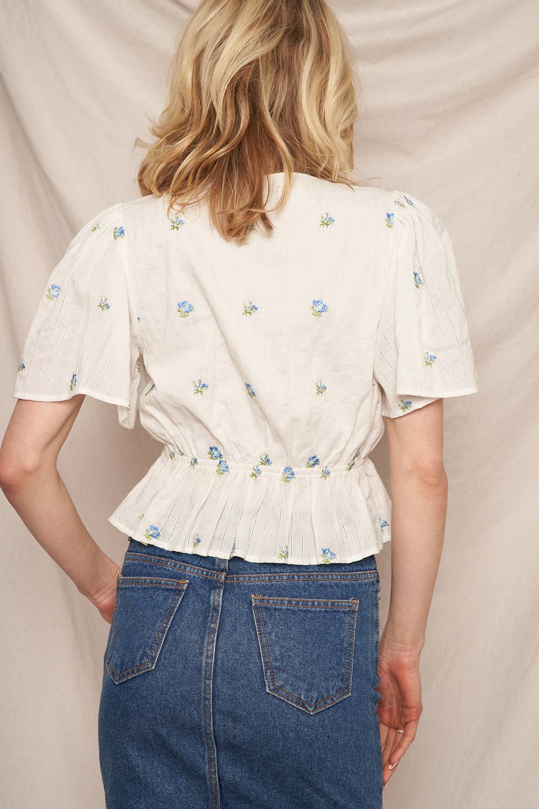 Floral Embroidery Flutter Sleeve V-Neck Top