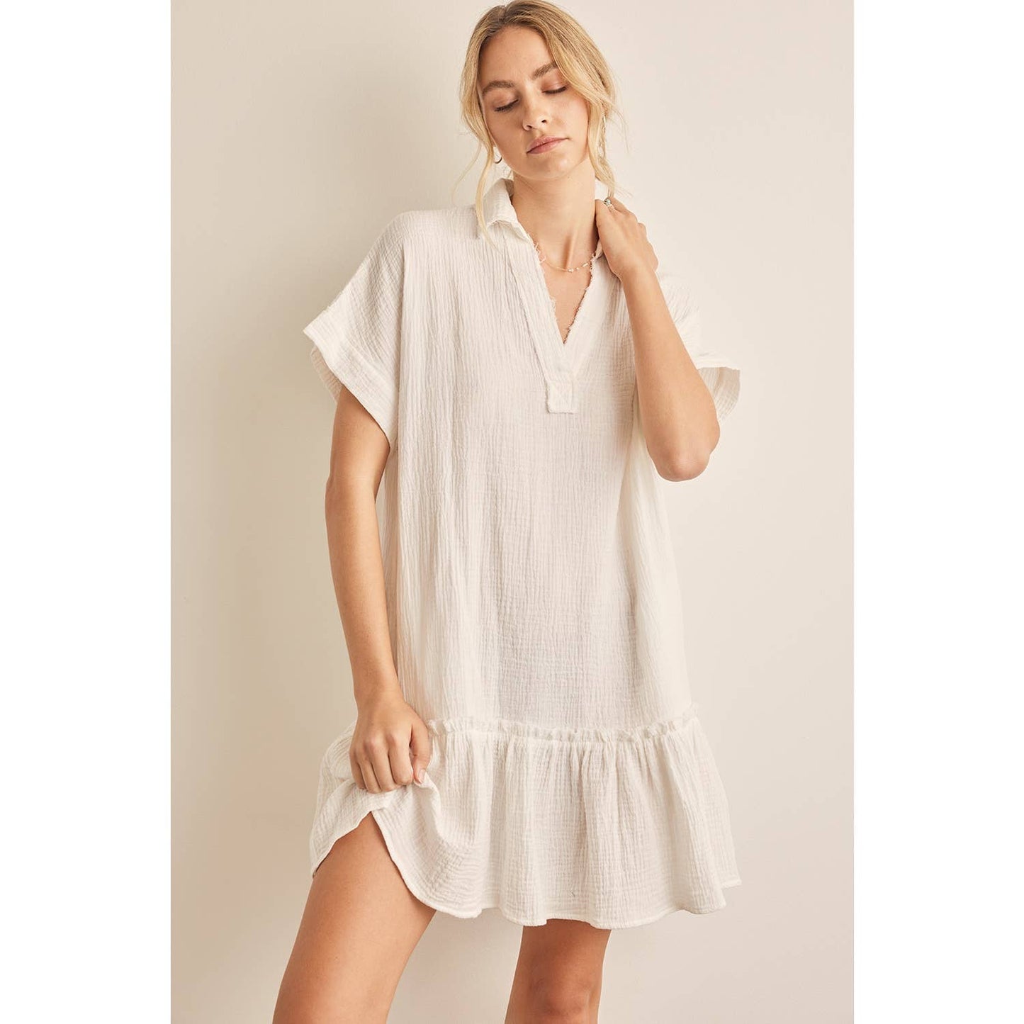 CRINKLED COTTON GAUZE RELAXED FIT MINI DRESS WITH RUFFLE HEM