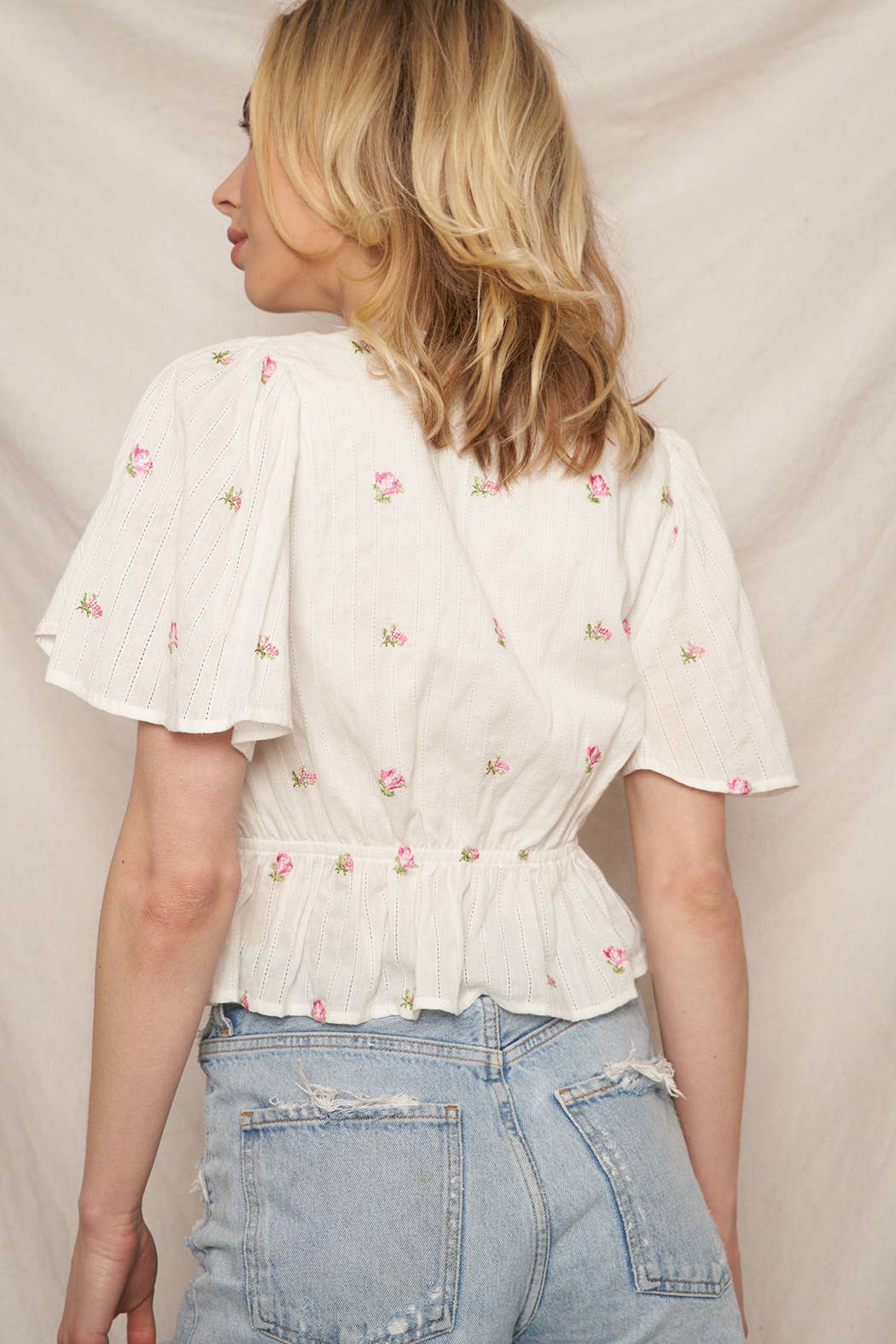 Floral Embroidery Flutter Sleeve V-Neck Top