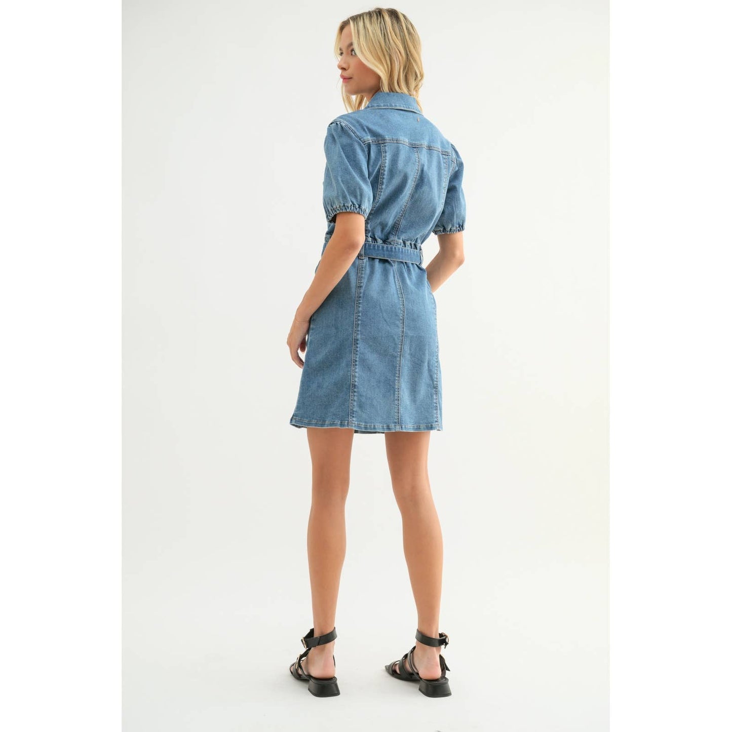 DENIM PUFF SLEEVE BELTED MINI DRESS / WL24-9453