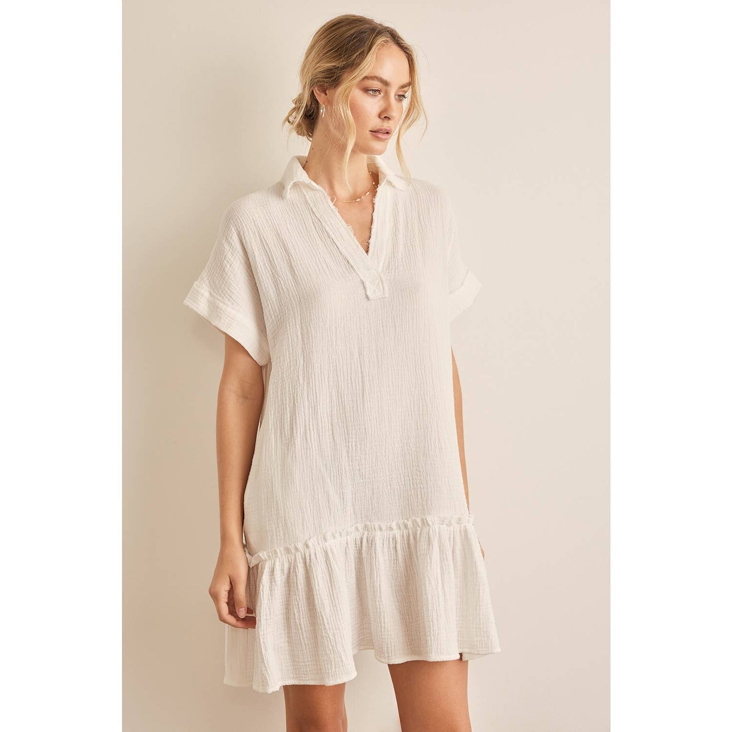 CRINKLED COTTON GAUZE RELAXED FIT MINI DRESS WITH RUFFLE HEM