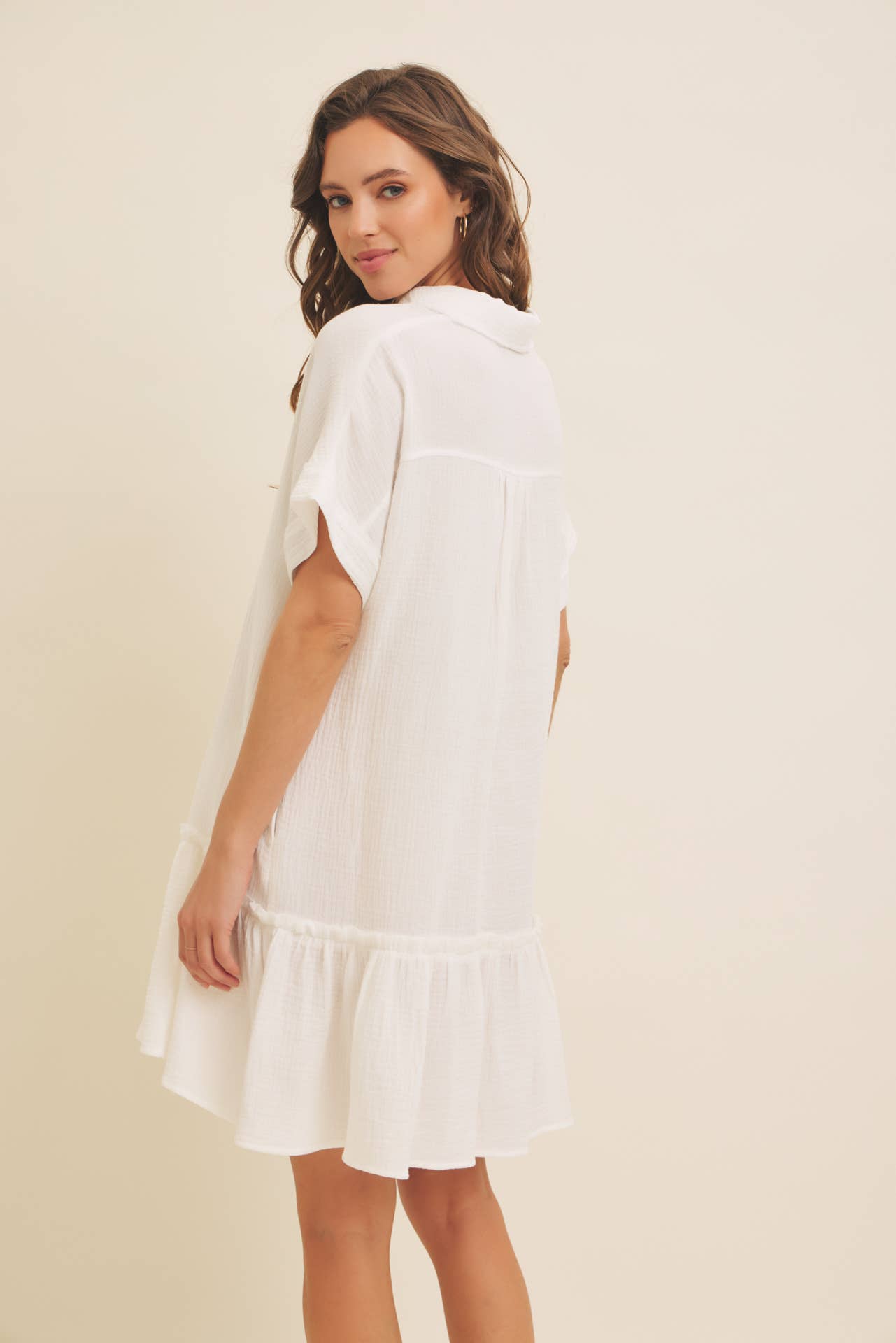 CRINKLED COTTON GAUZE RELAXED FIT MINI DRESS WITH RUFFLE HEM