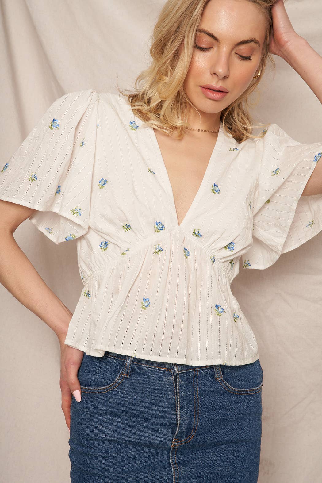 Floral Embroidery Flutter Sleeve V-Neck Top