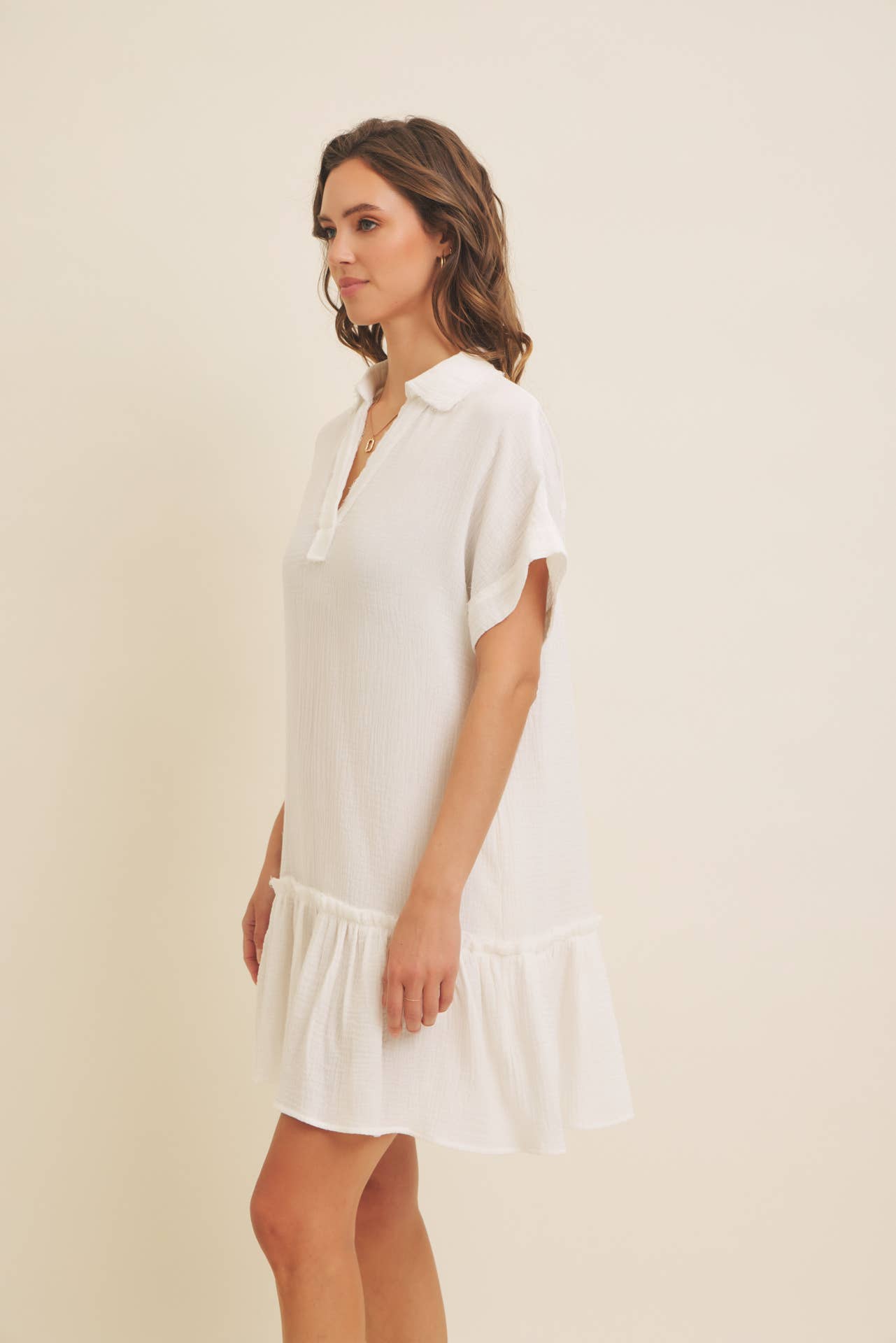 CRINKLED COTTON GAUZE RELAXED FIT MINI DRESS WITH RUFFLE HEM