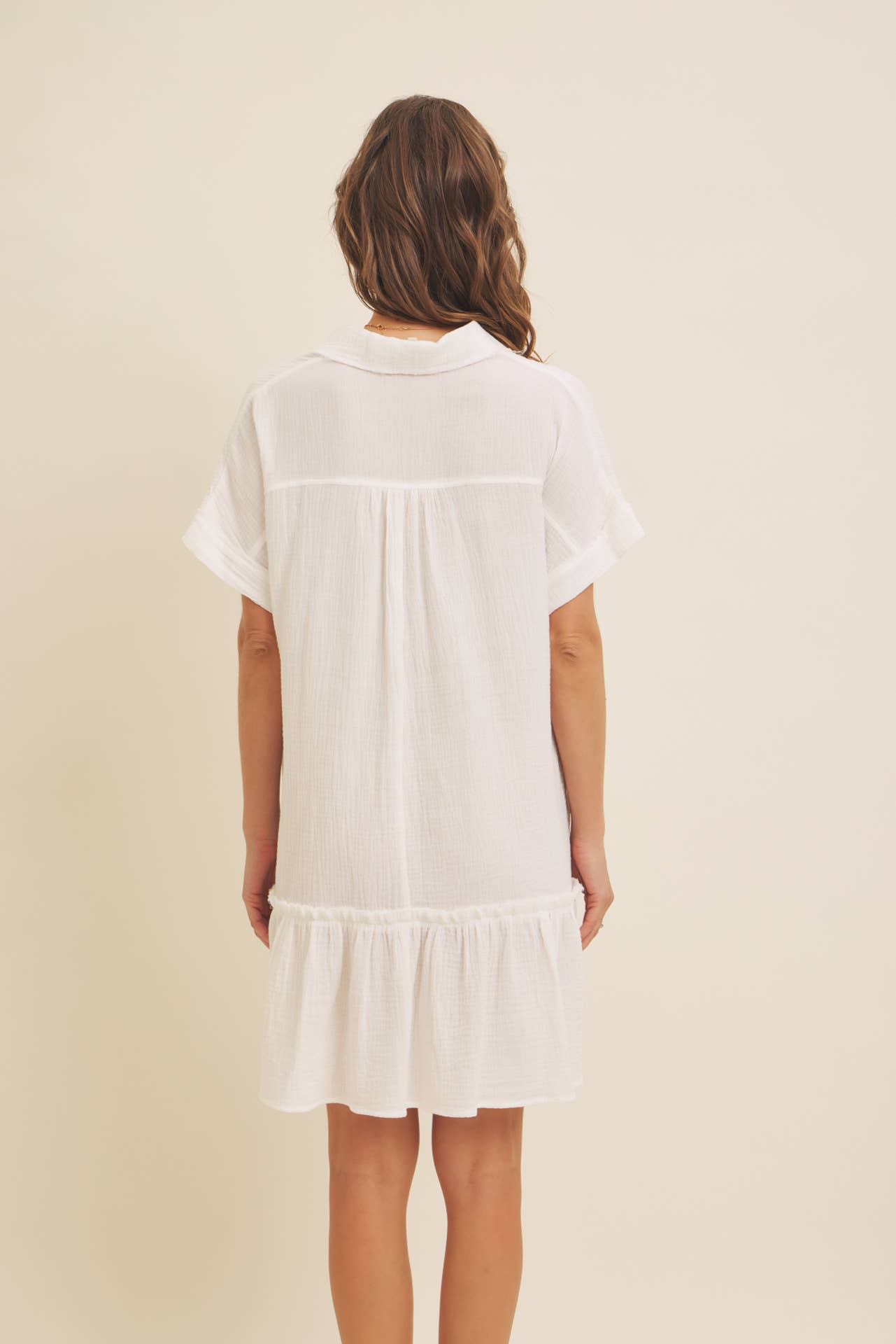 CRINKLED COTTON GAUZE RELAXED FIT MINI DRESS WITH RUFFLE HEM