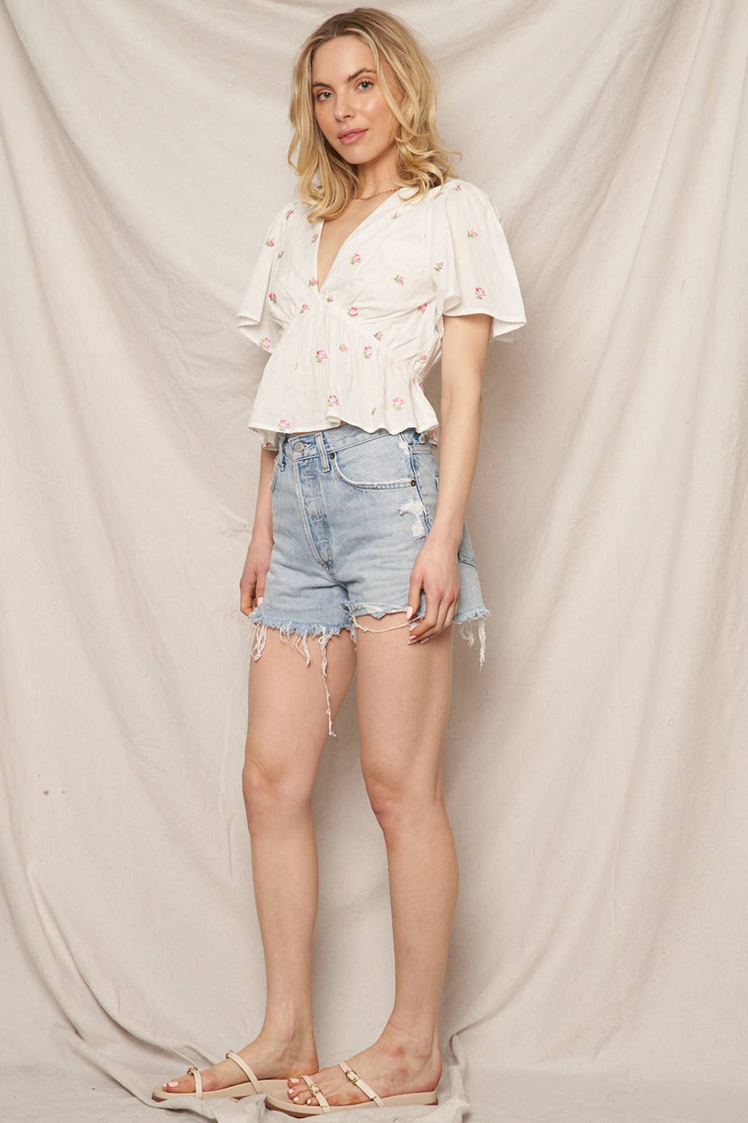 Floral Embroidery Flutter Sleeve V-Neck Top