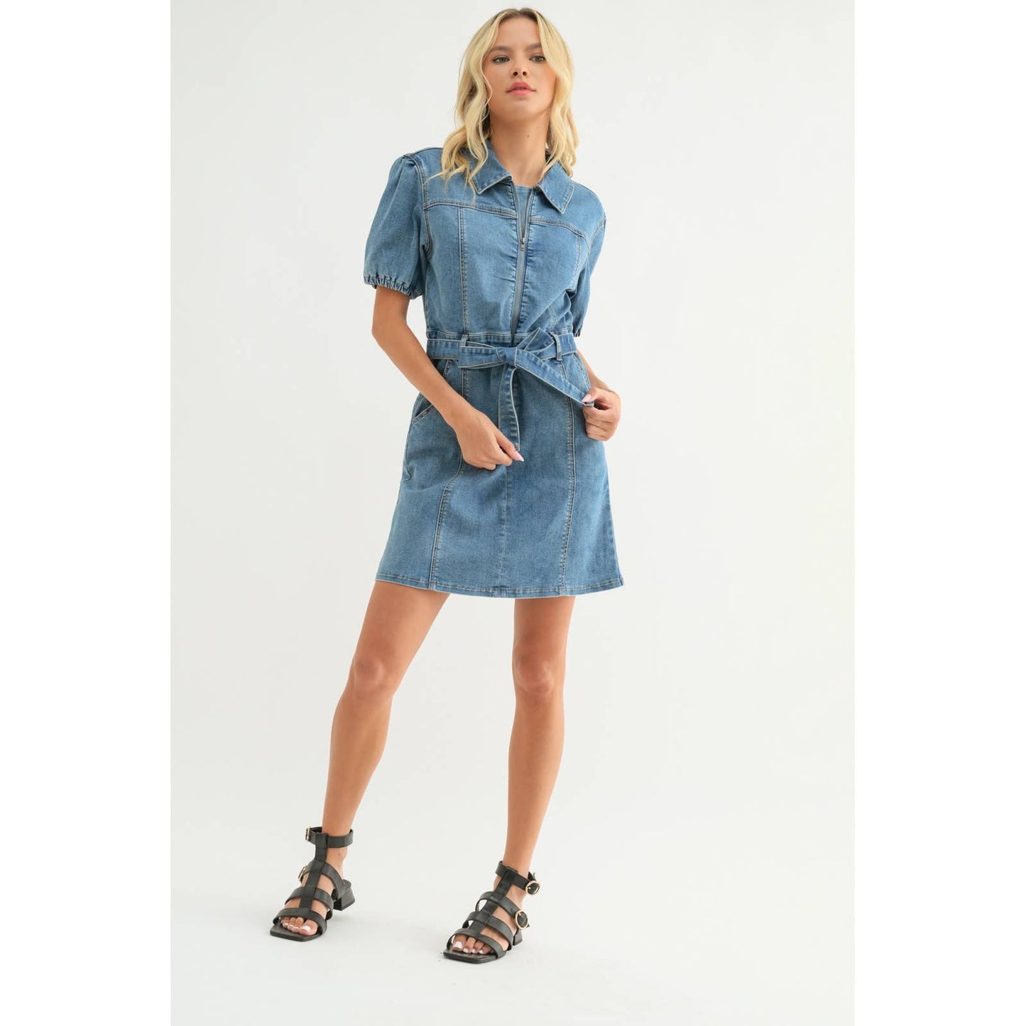 DENIM PUFF SLEEVE BELTED MINI DRESS / WL24-9453