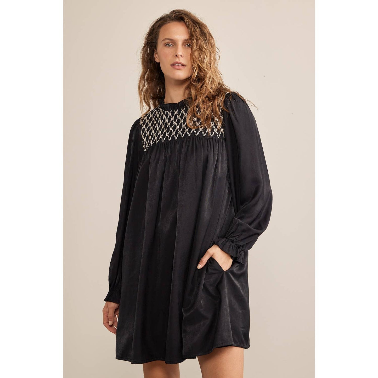 HONEYCOMB SMOCKED MINI DRESS WITH BALLOON SLEEVES