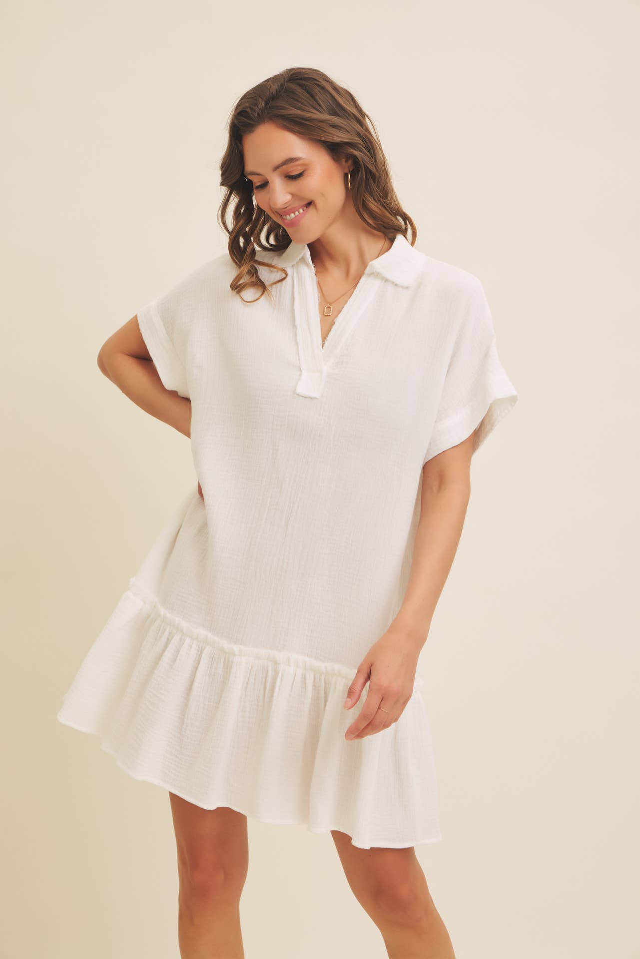 CRINKLED COTTON GAUZE RELAXED FIT MINI DRESS WITH RUFFLE HEM