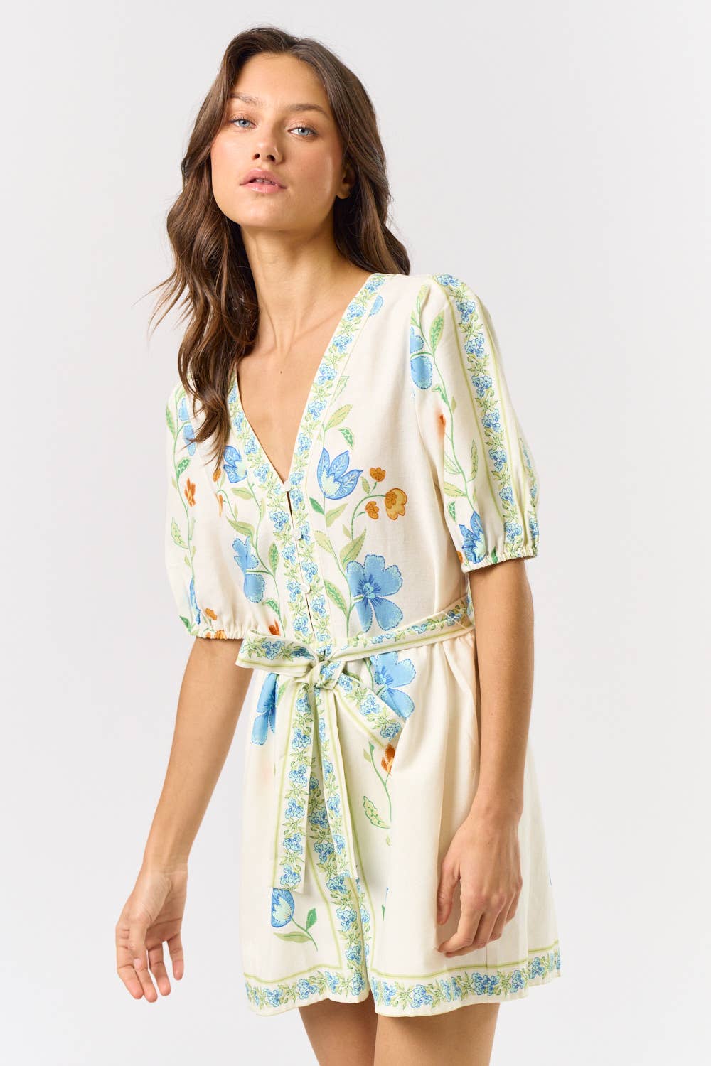 PRINTED SHORT PUFF SLEEVE ROMPER