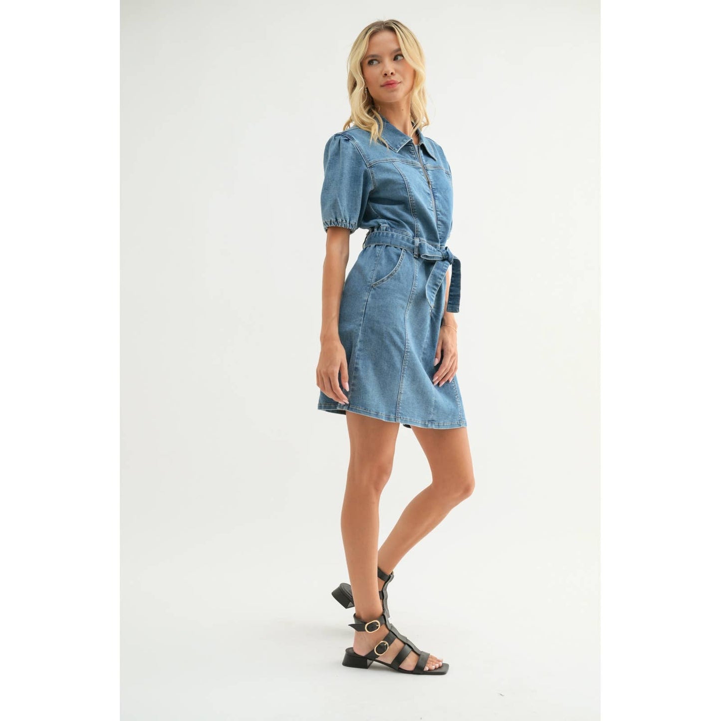 DENIM PUFF SLEEVE BELTED MINI DRESS / WL24-9453