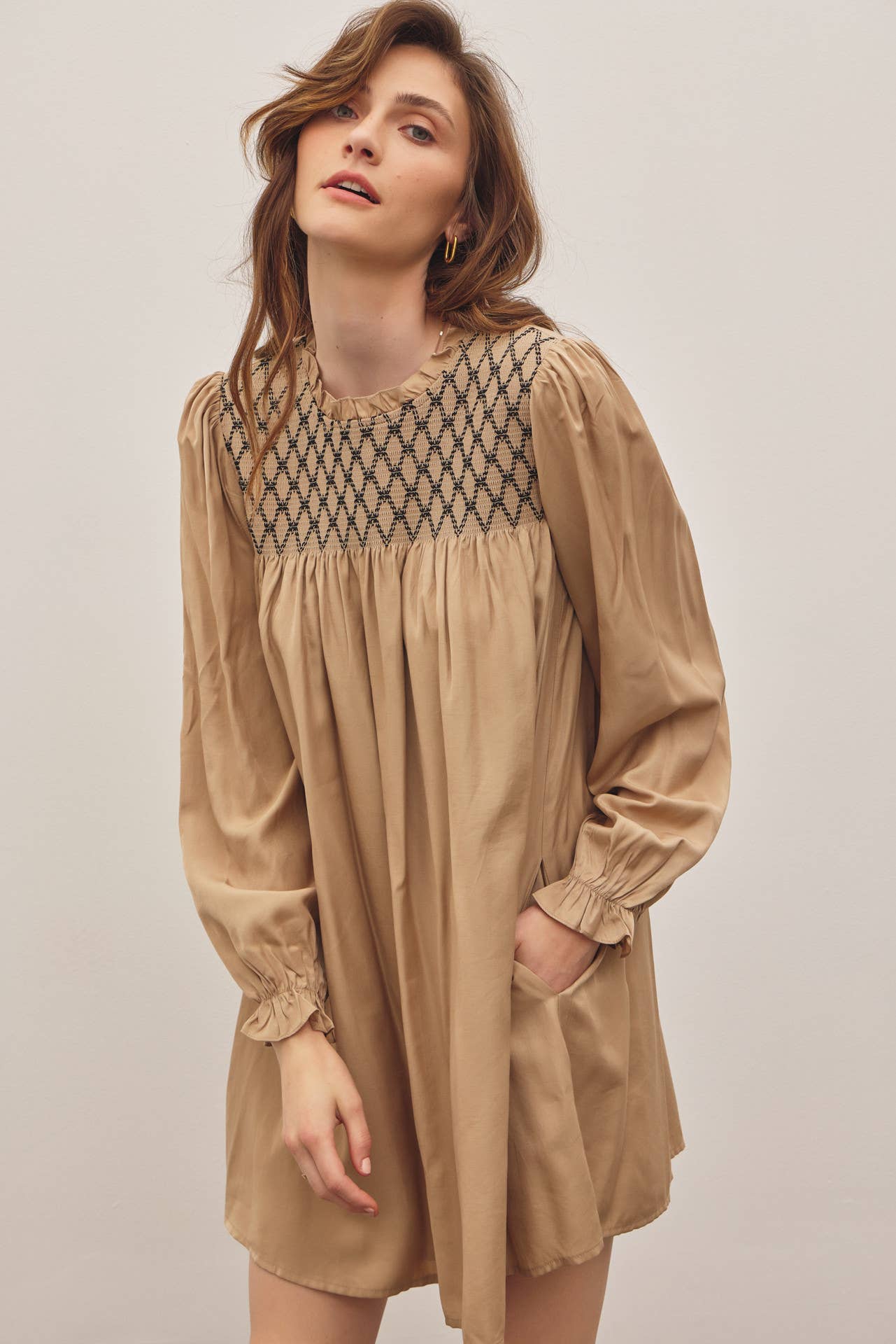 HONEYCOMB SMOCKED MINI DRESS WITH BALLOON SLEEVES