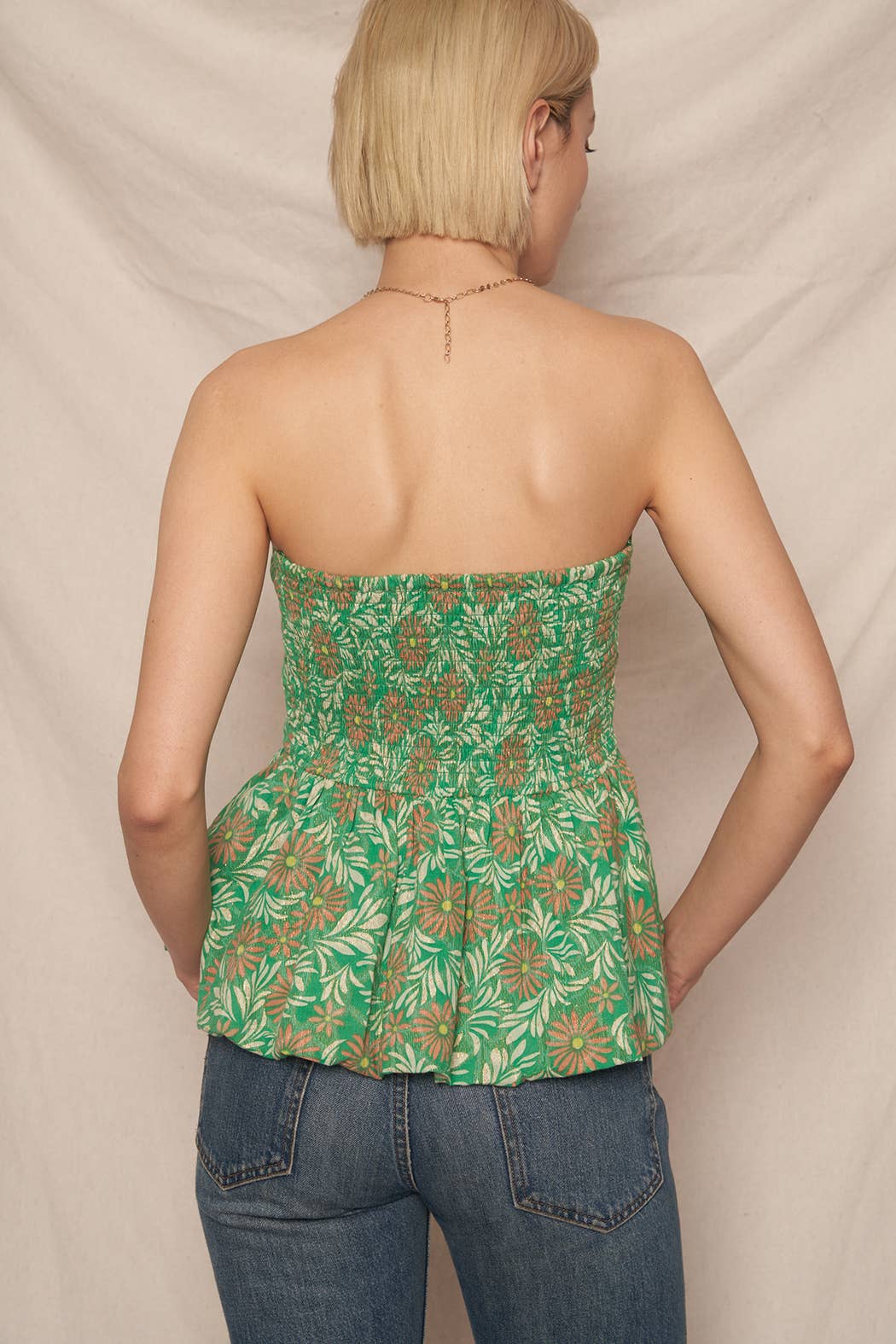 Floral Print Ribbon Bubble Hem Tube Top with Lurex
