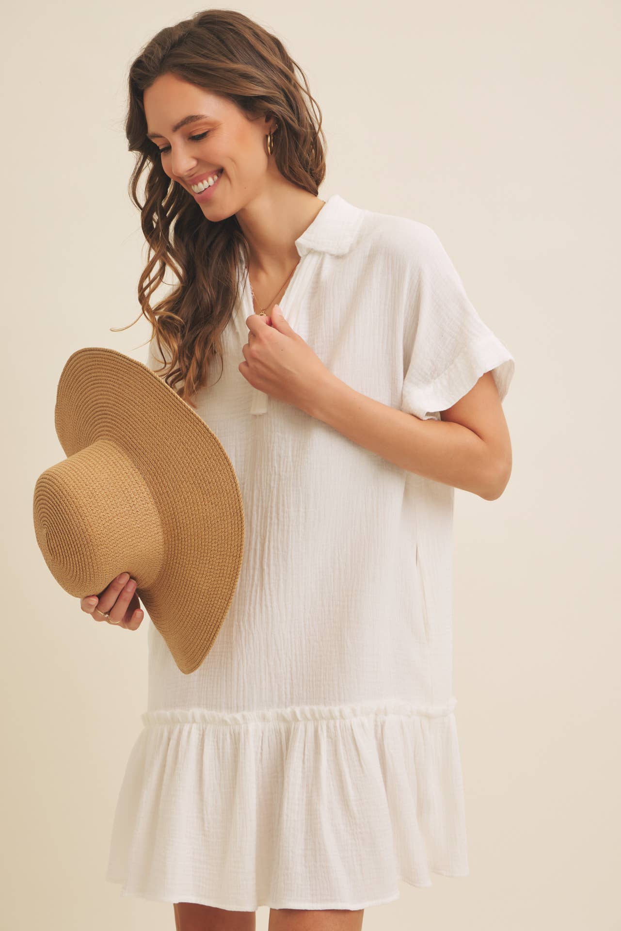 CRINKLED COTTON GAUZE RELAXED FIT MINI DRESS WITH RUFFLE HEM
