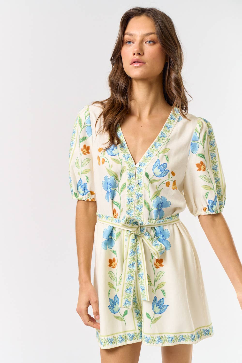 PRINTED SHORT PUFF SLEEVE ROMPER