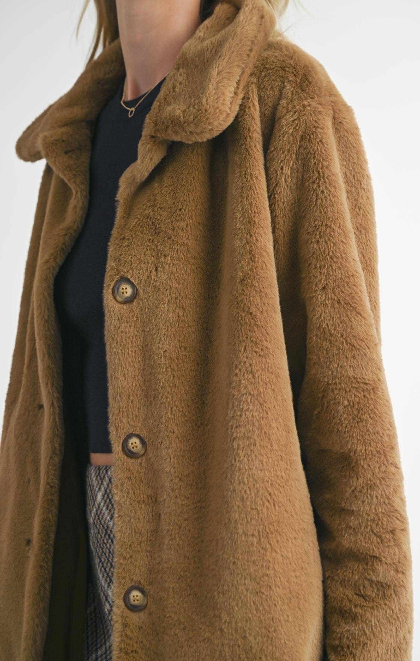 Eden Faux Fur Buttoned Long Coat: TEDDY BEAR