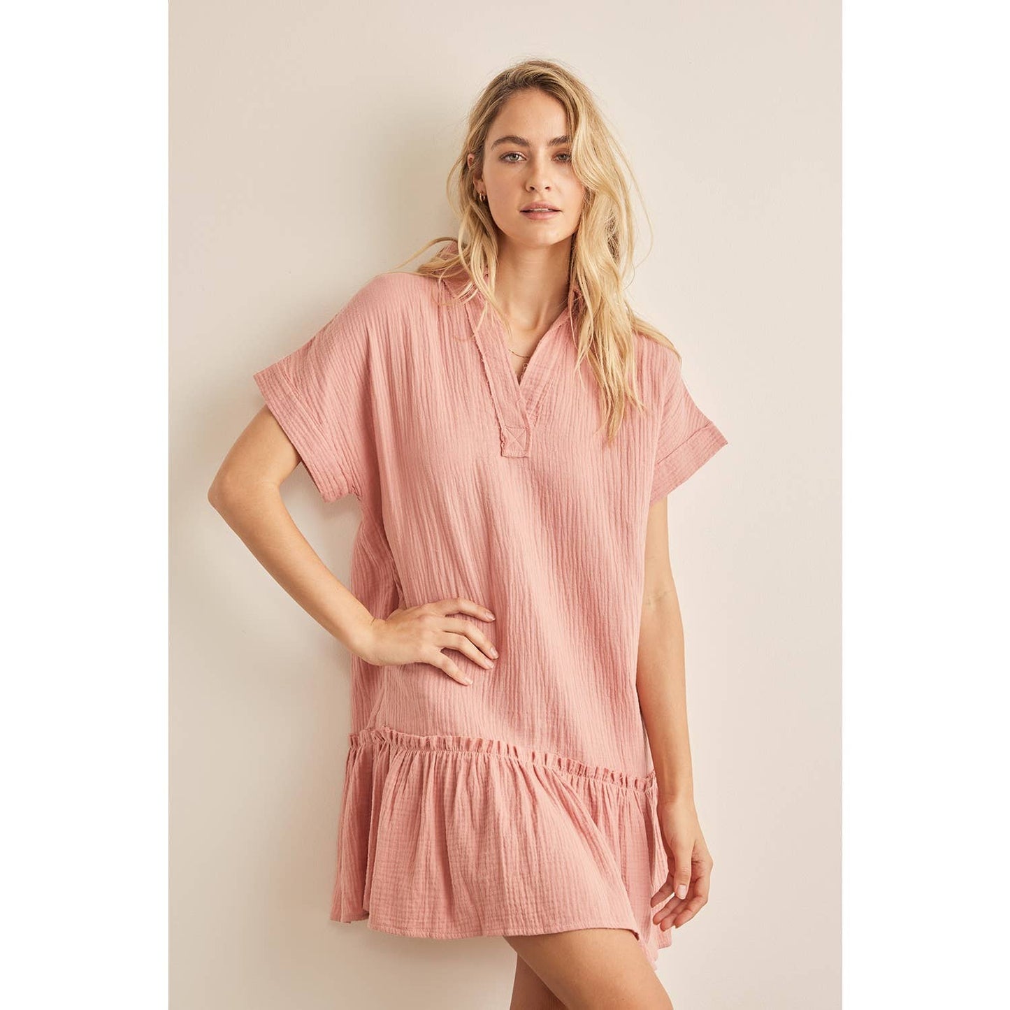 CRINKLED COTTON GAUZE RELAXED FIT MINI DRESS WITH RUFFLE HEM