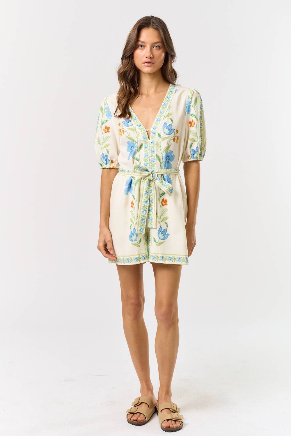 PRINTED SHORT PUFF SLEEVE ROMPER