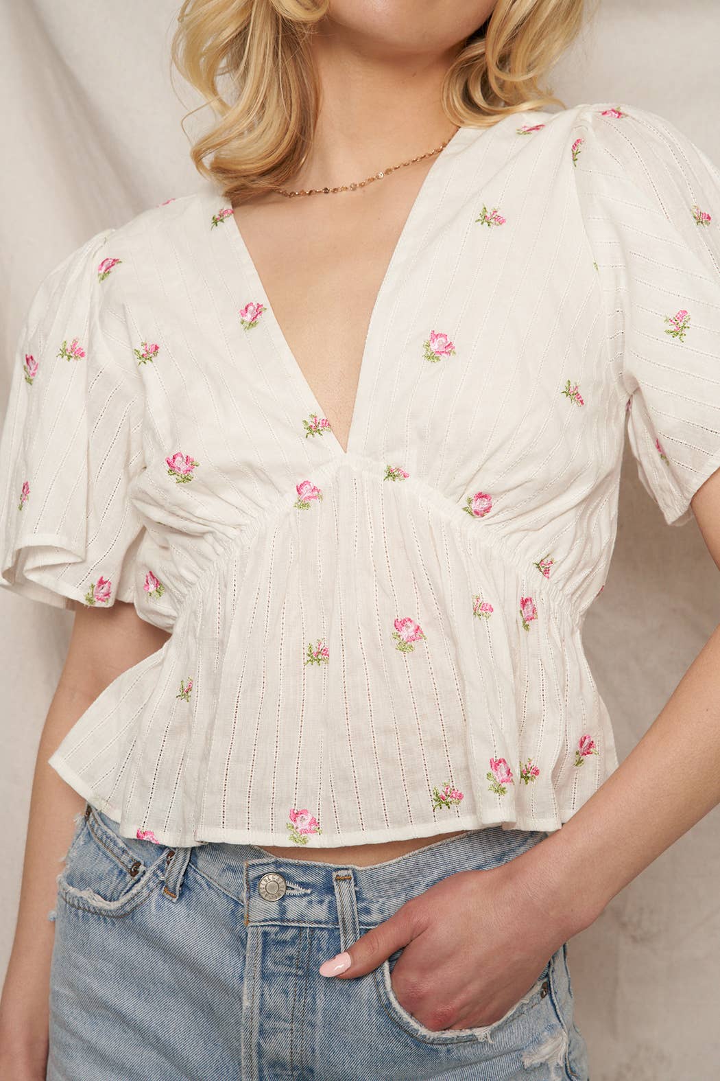 Floral Embroidery Flutter Sleeve V-Neck Top
