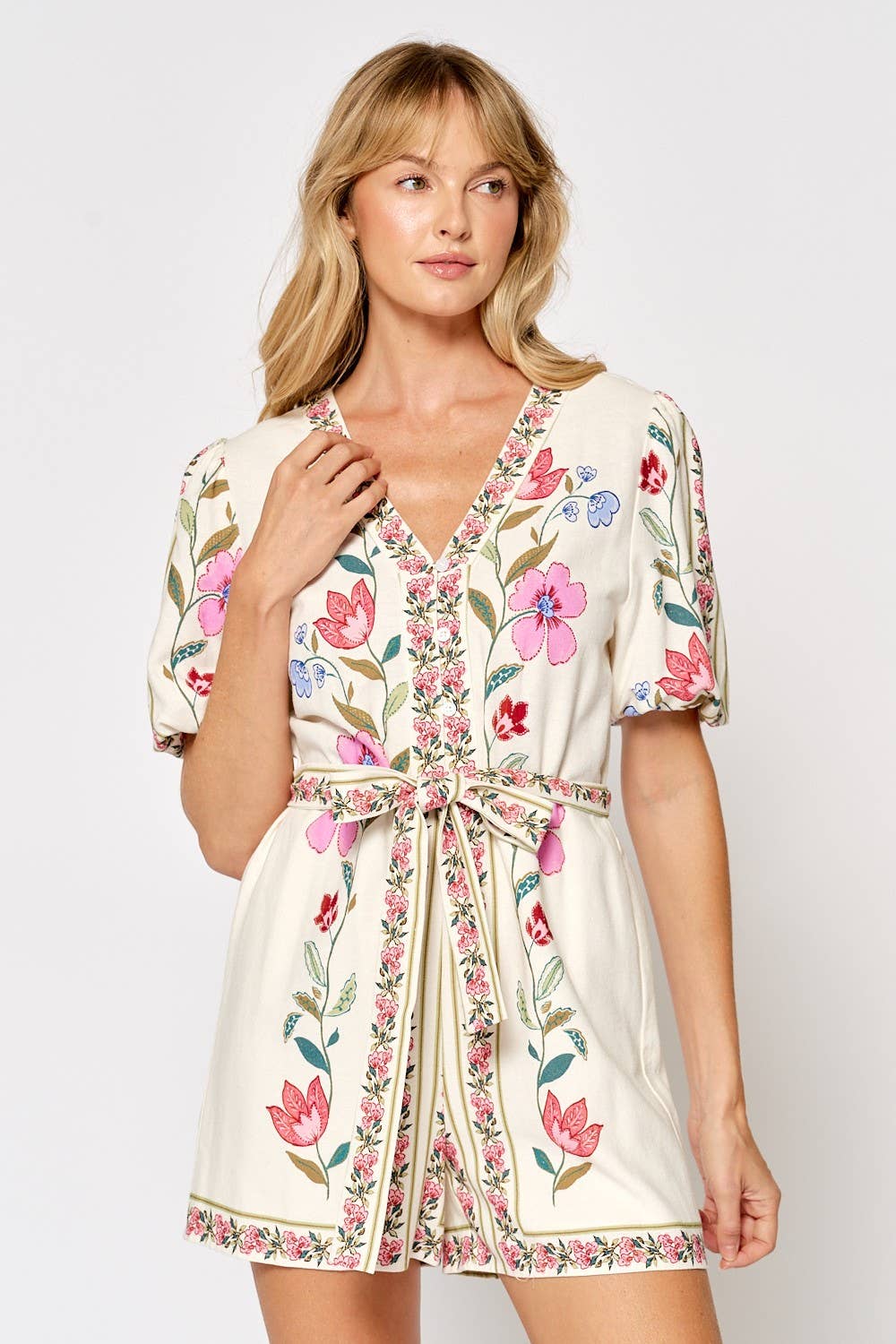 PRINTED SHORT PUFF SLEEVE ROMPER