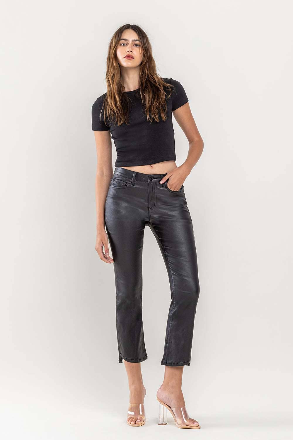 Vervet HIGH RISE PU COATED CROP FLARE JEANS