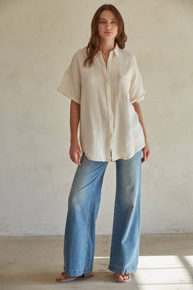 Woven Cotton Gauze Button Down Shirt Top