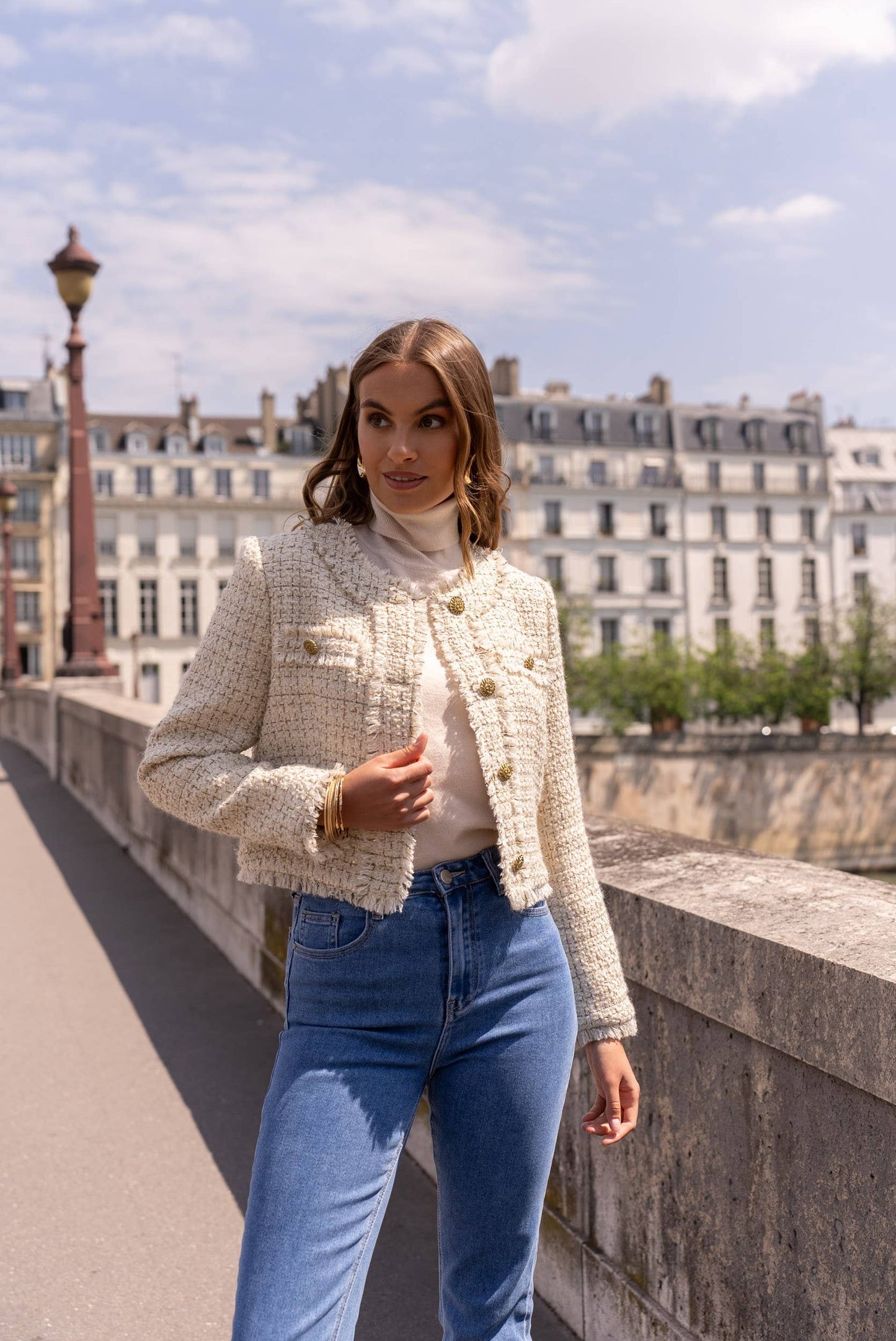 Cropped crew neck fitted tweed blazer jacket