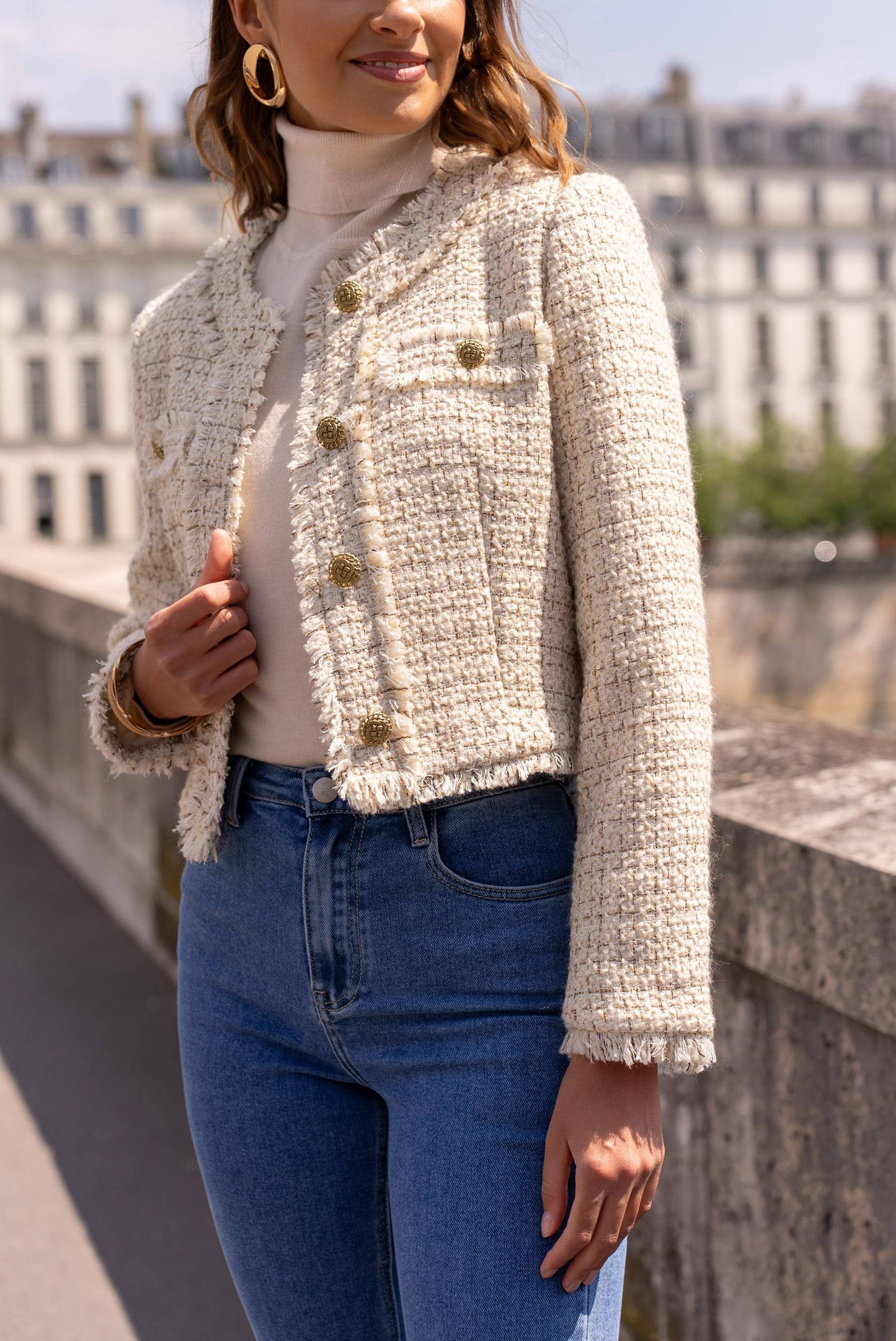 Cropped crew neck fitted tweed blazer jacket