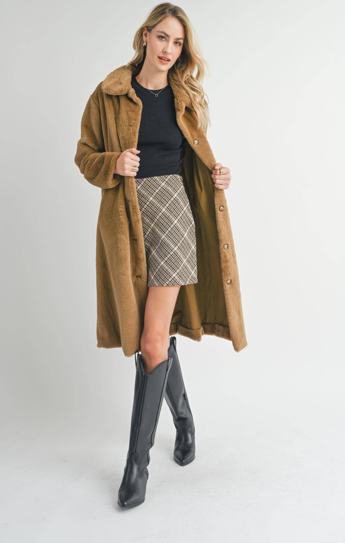 Eden Faux Fur Buttoned Long Coat: TEDDY BEAR
