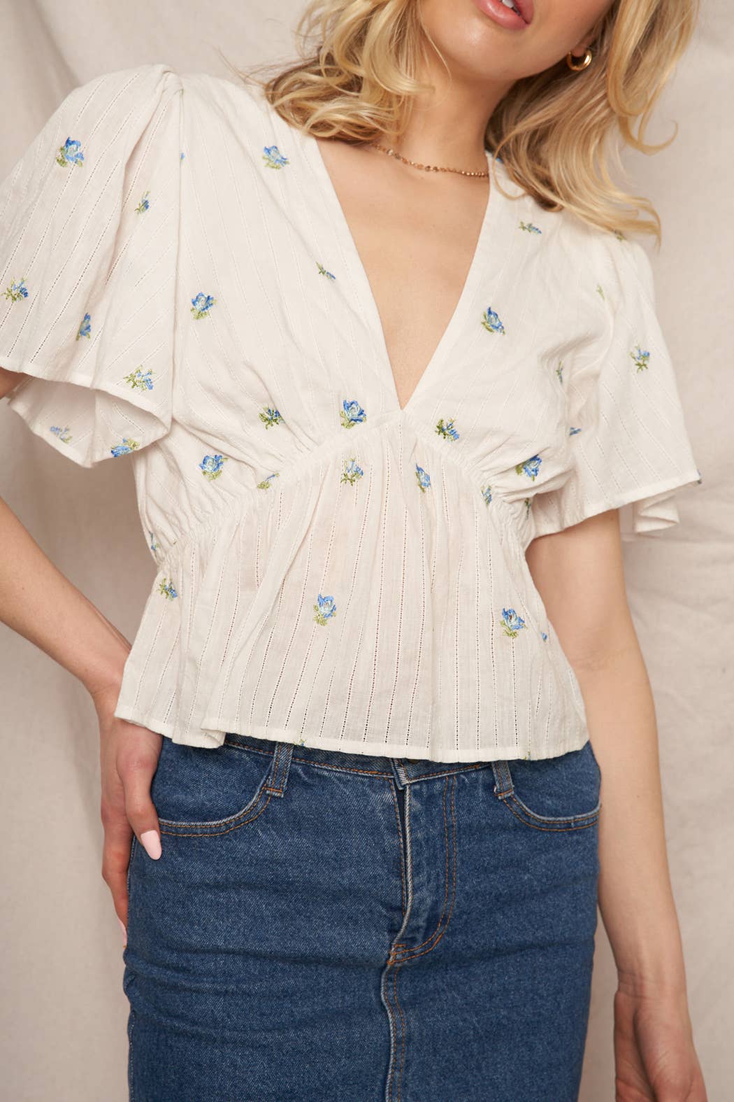 Floral Embroidery Flutter Sleeve V-Neck Top