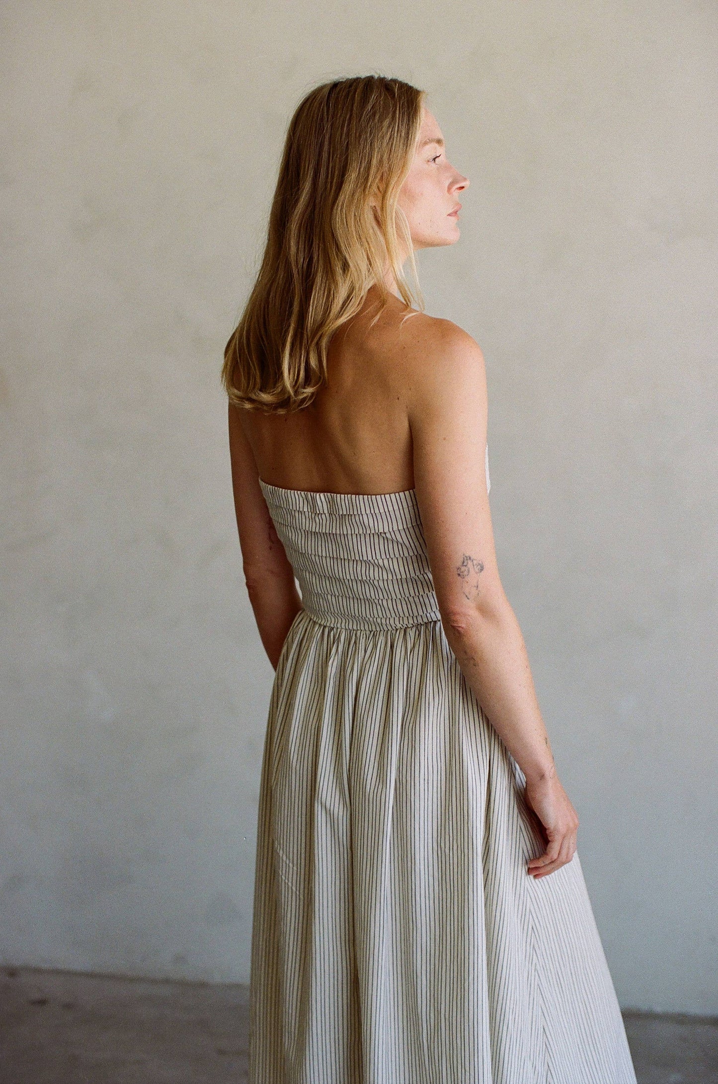 AR1132 | Woven Cotton Striped Tube Neck Off Shoulder Maxi