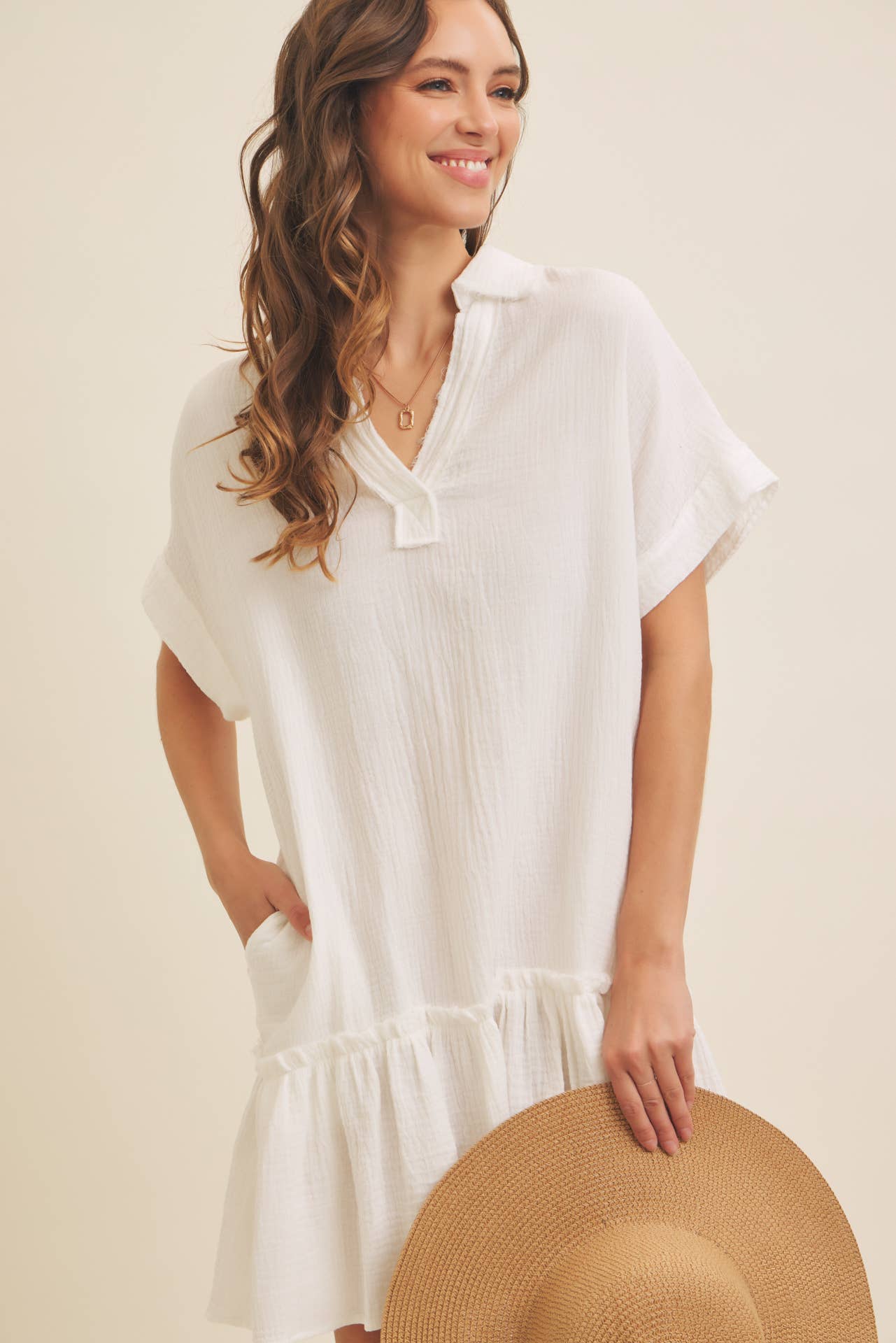 CRINKLED COTTON GAUZE RELAXED FIT MINI DRESS WITH RUFFLE HEM