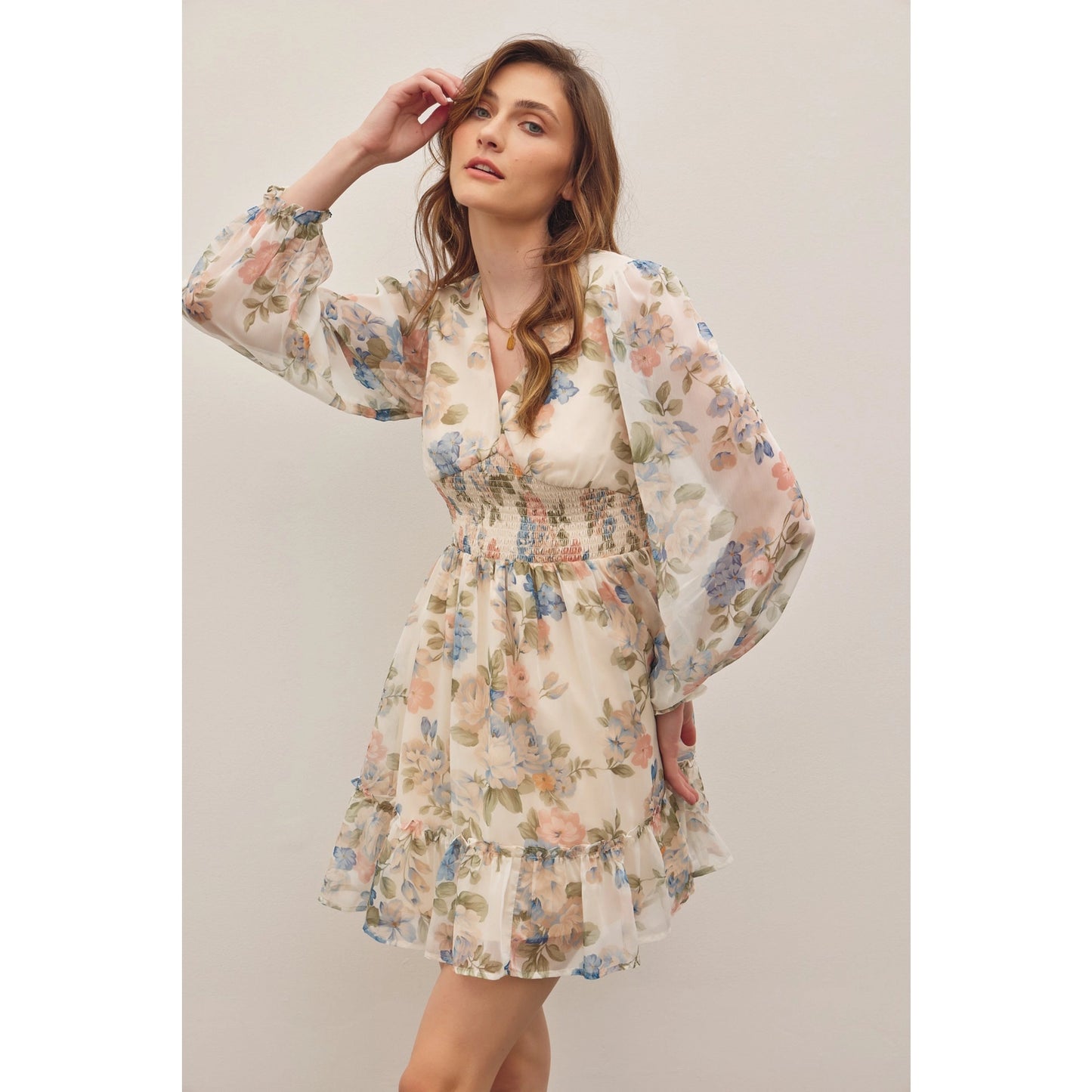 French Floral V-Neck Smocked Mini Dress