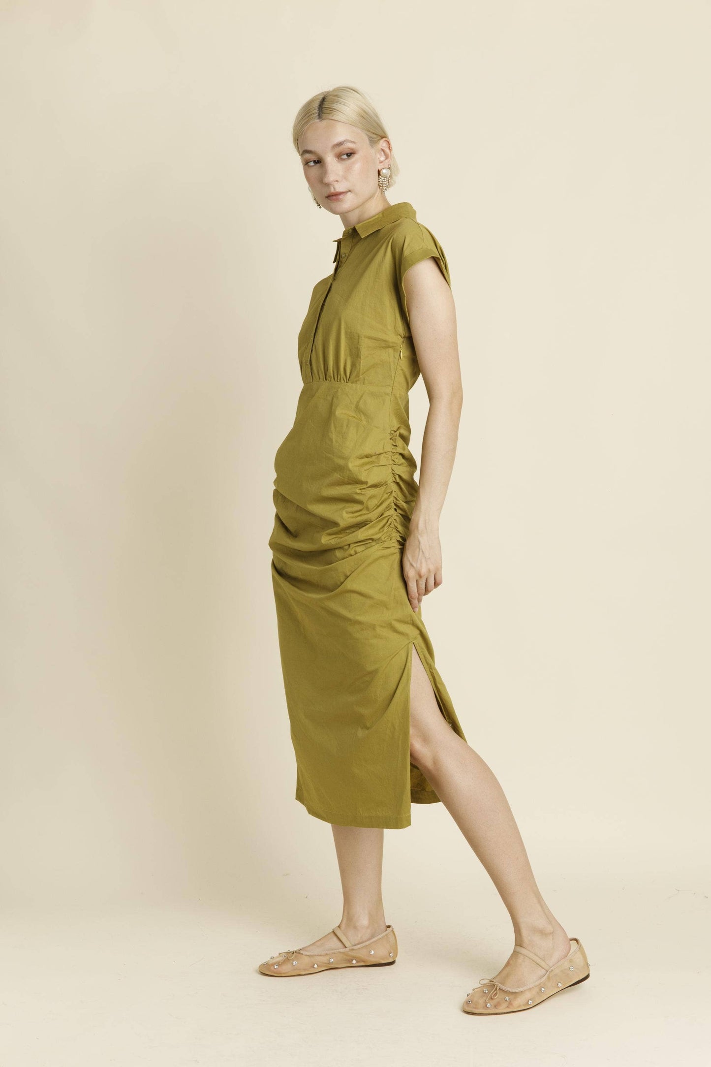 CAP SLEEVE MIDI SHIRT DRESS