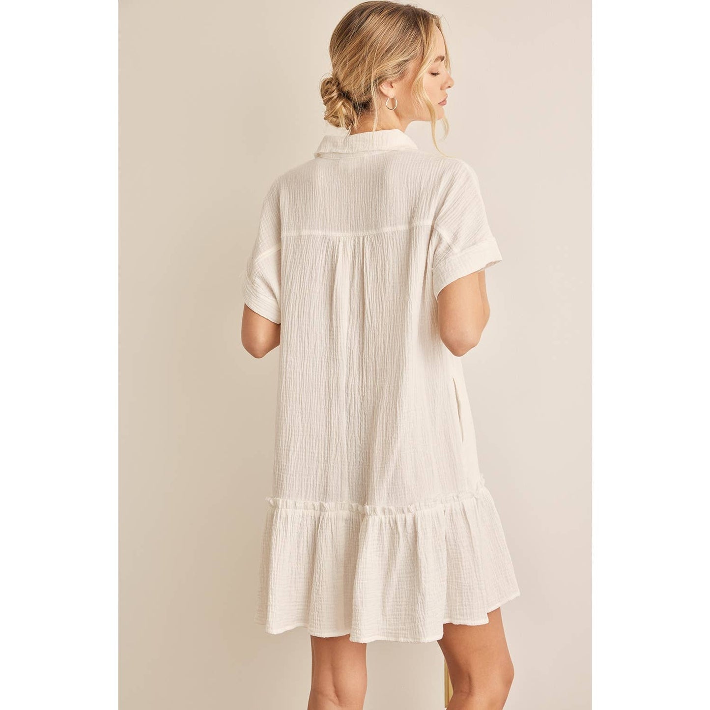 CRINKLED COTTON GAUZE RELAXED FIT MINI DRESS WITH RUFFLE HEM
