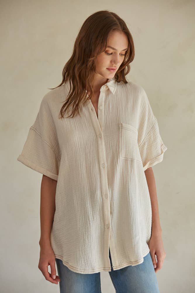 Woven Cotton Gauze Button Down Shirt Top