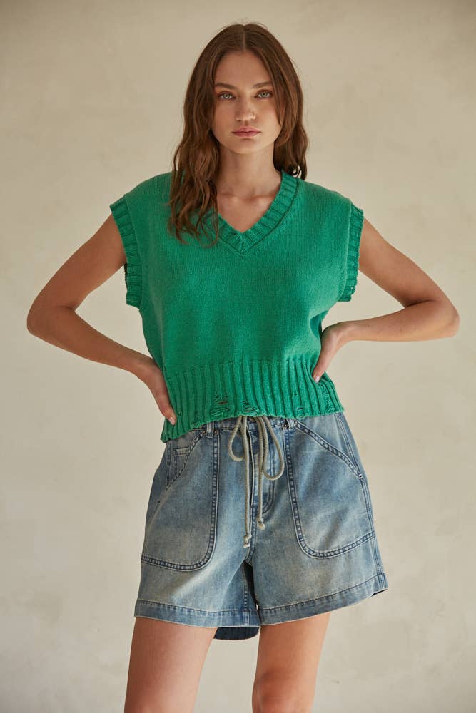 Knit Sweater Distressed V-Neck Sleeveless Vest