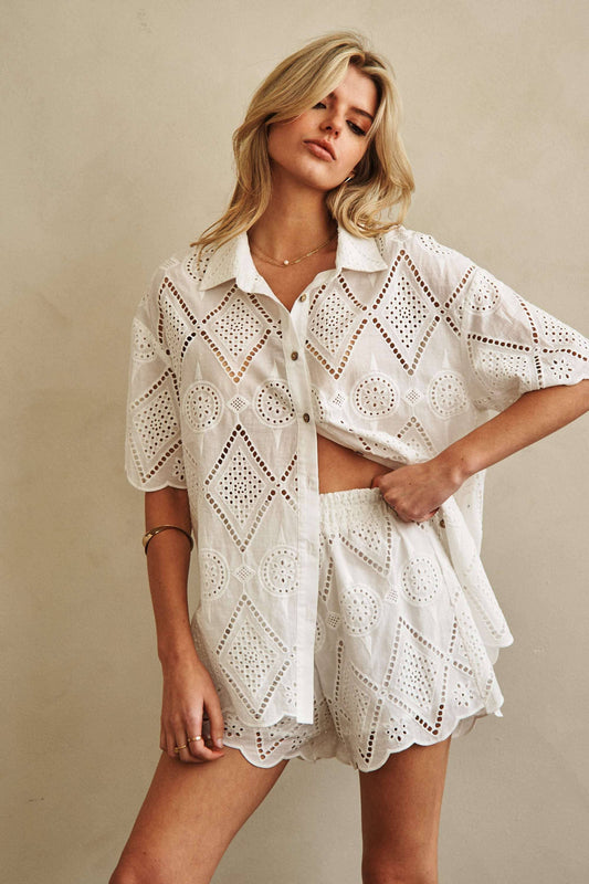 Short Sleeve Collared Button Down Lace Shirt