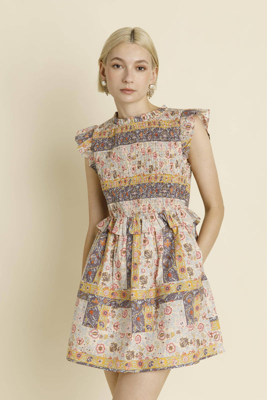 PAISLEY SMOCKED MINI DRESS