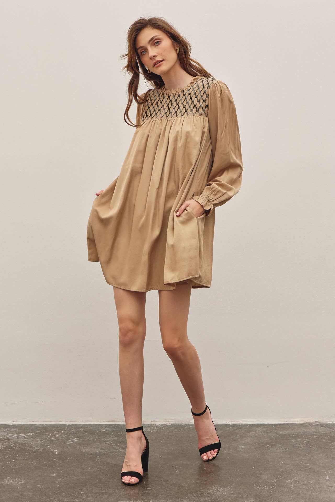 HONEYCOMB SMOCKED MINI DRESS WITH BALLOON SLEEVES