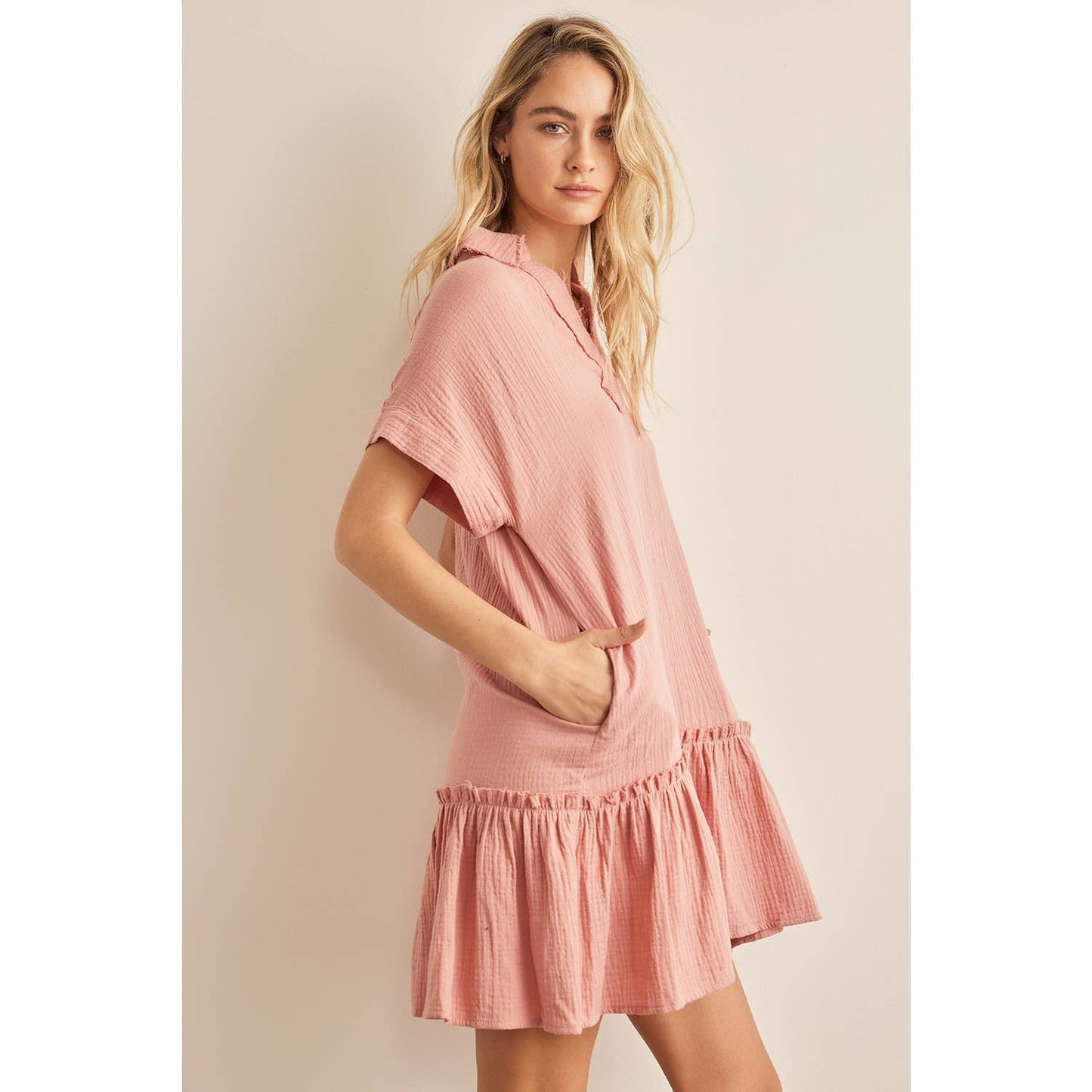 CRINKLED COTTON GAUZE RELAXED FIT MINI DRESS WITH RUFFLE HEM