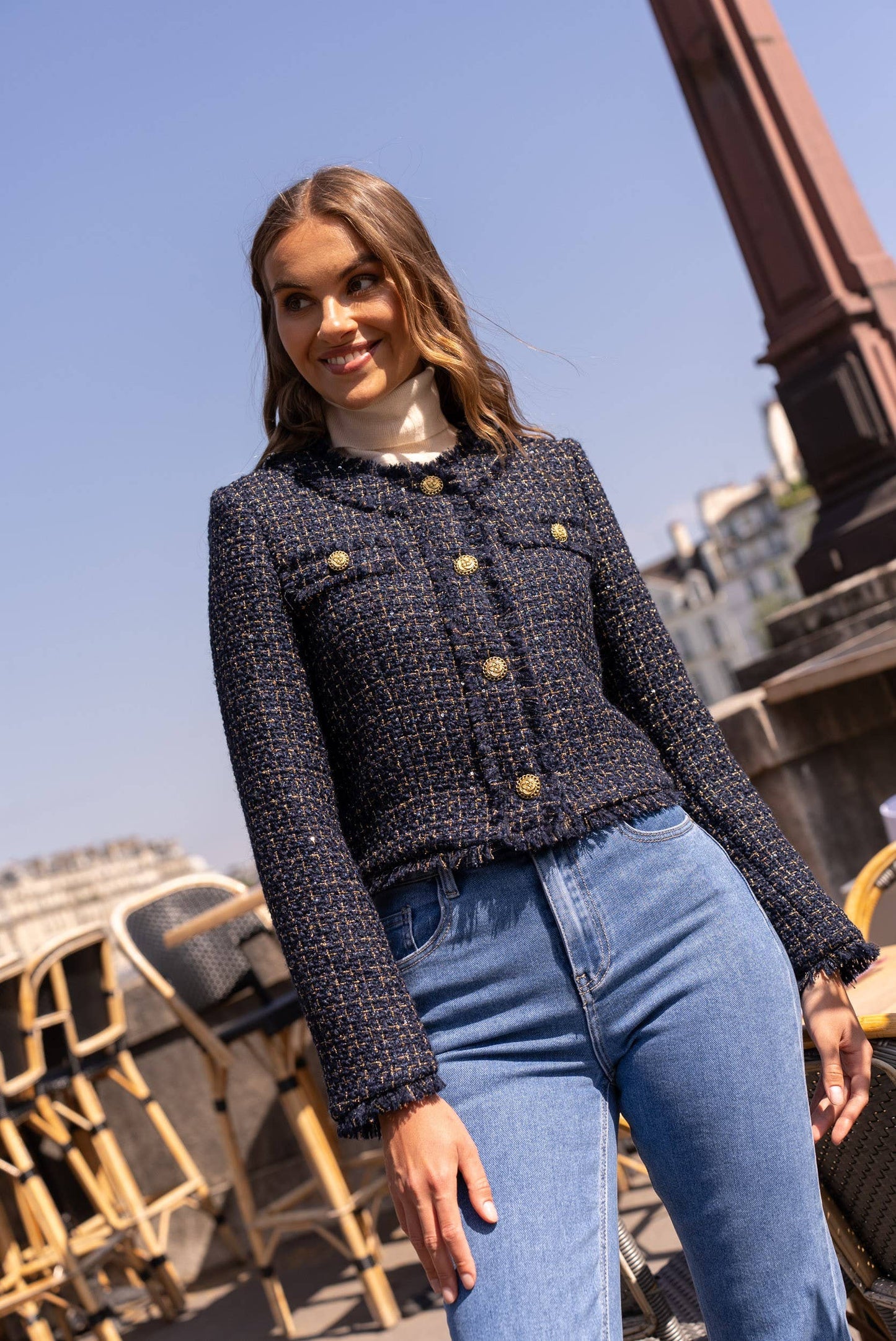 Cropped crew neck fitted tweed blazer jacket