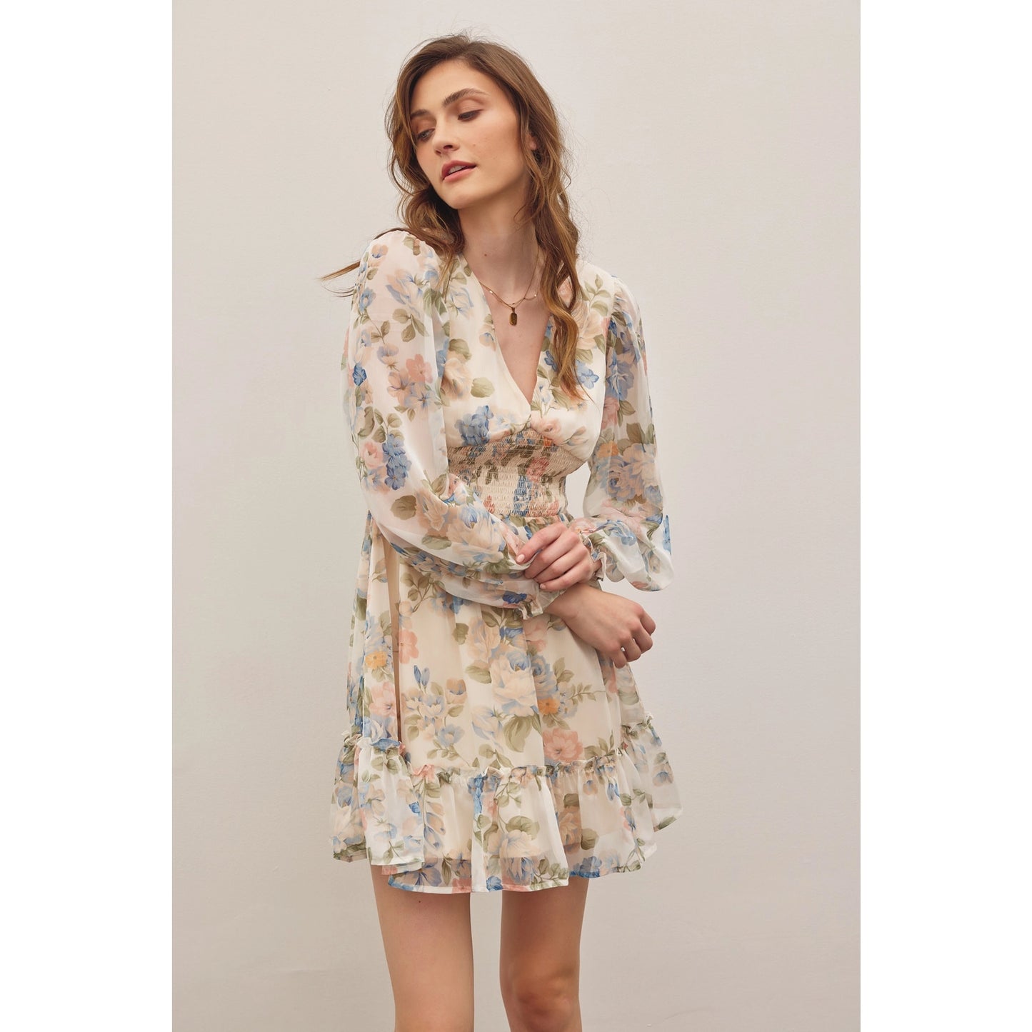French Floral V-Neck Smocked Mini Dress