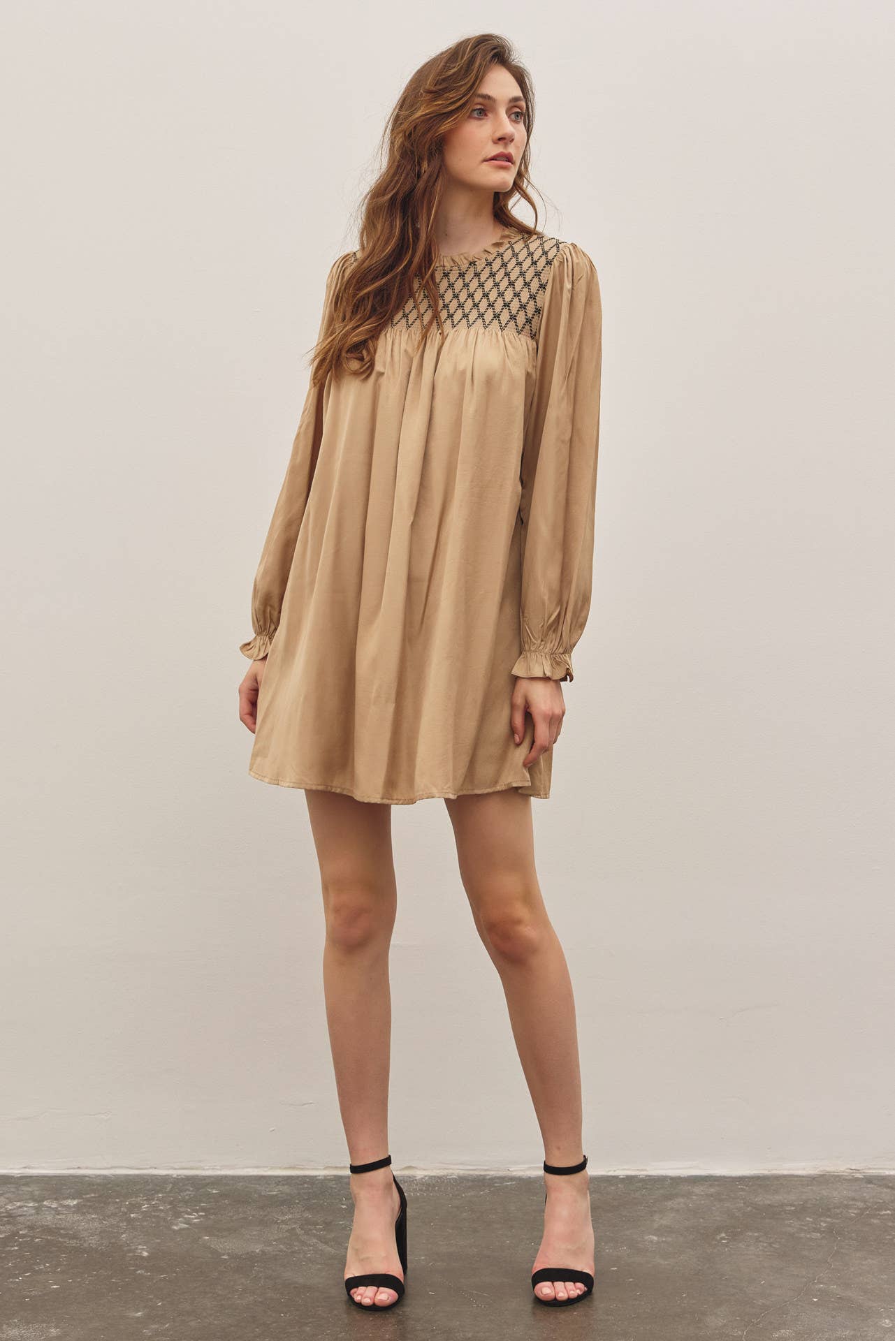 HONEYCOMB SMOCKED MINI DRESS WITH BALLOON SLEEVES
