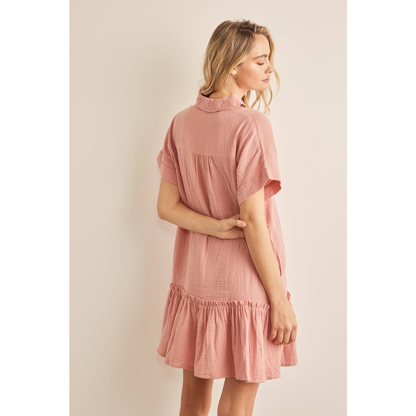 CRINKLED COTTON GAUZE RELAXED FIT MINI DRESS WITH RUFFLE HEM