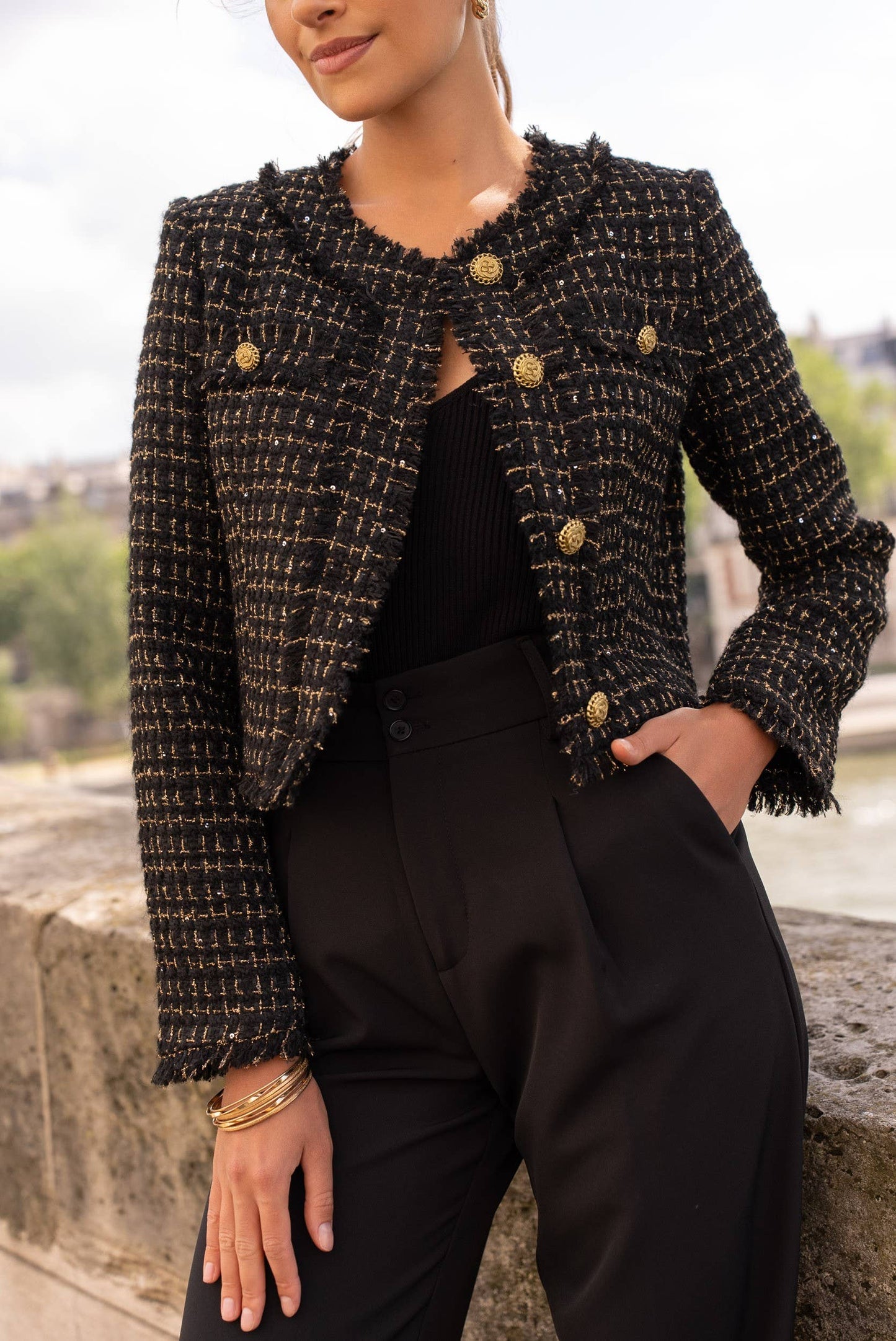 Cropped crew neck fitted tweed blazer jacket